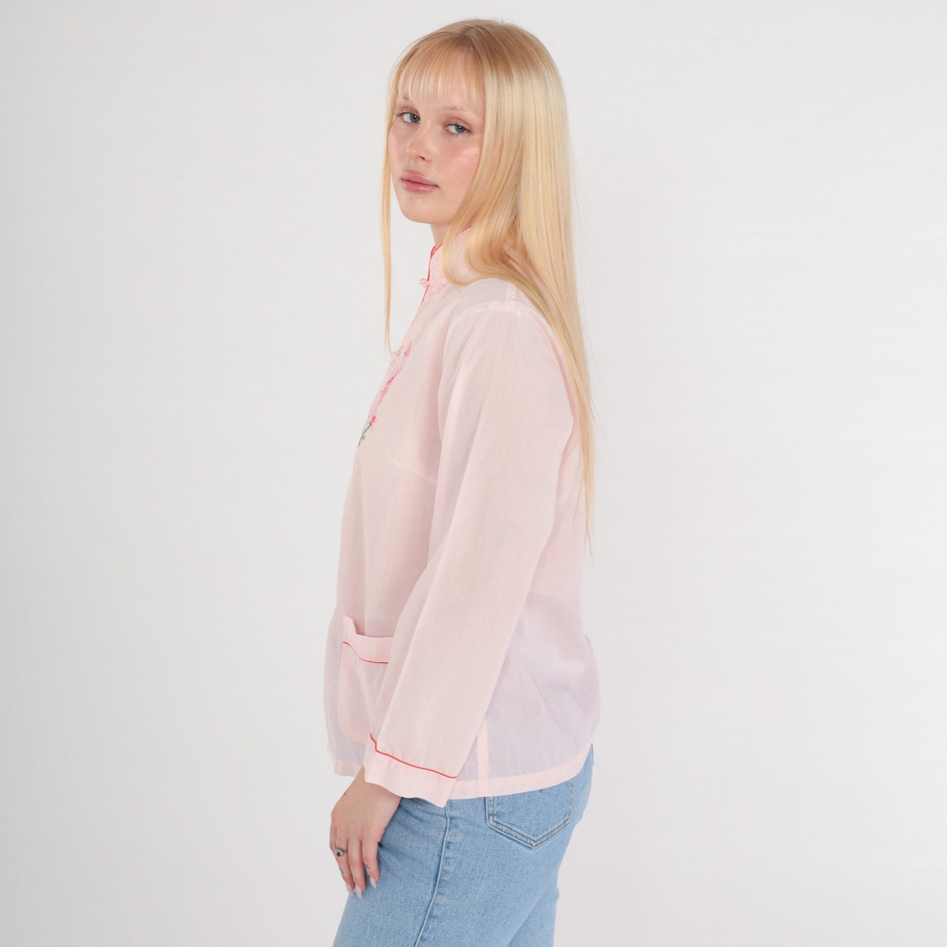 80s Baby Pink Mandarin Collar Blouse Butterfly Floral Embroidered Frog Button Small