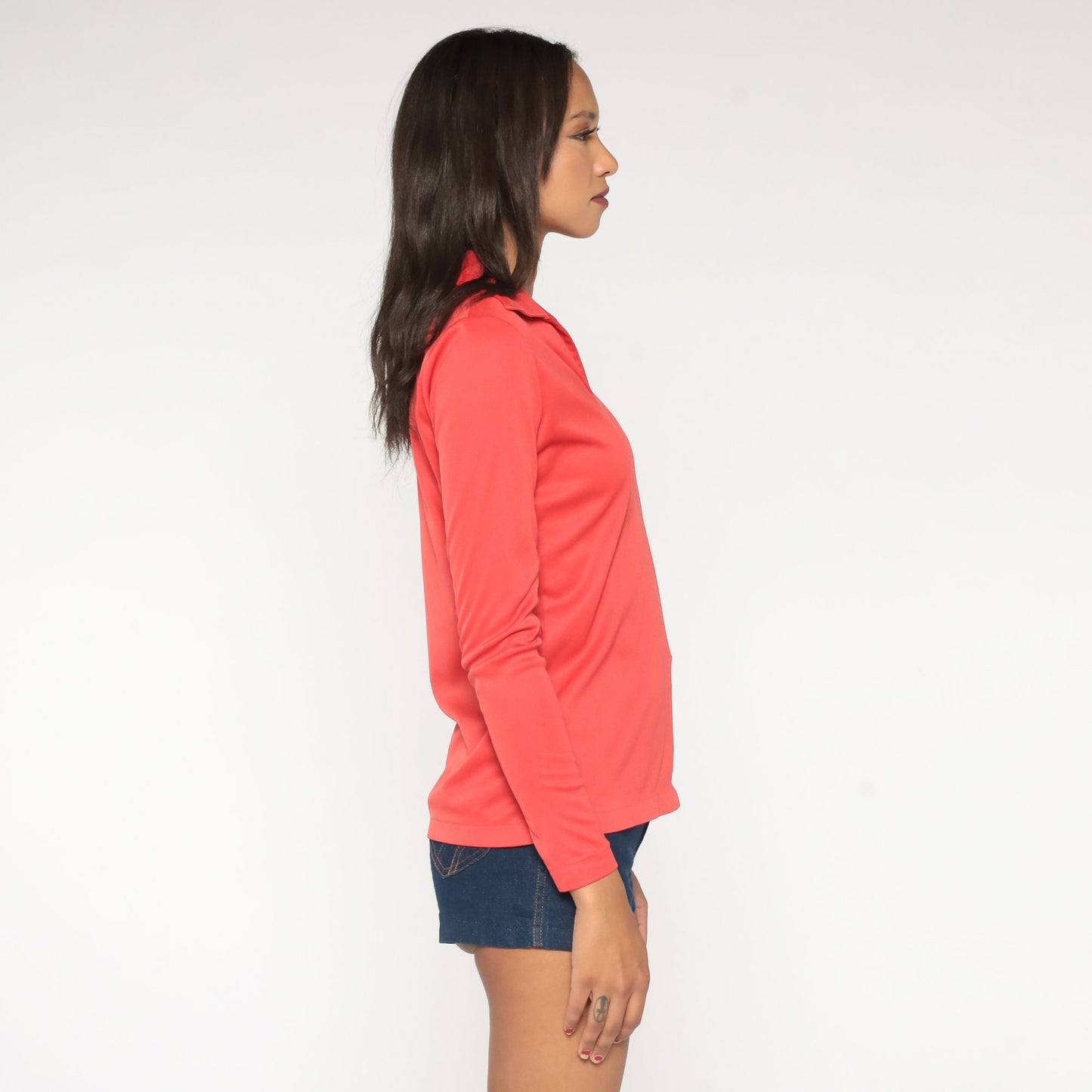 70s Red V-Neck Shirt Long Sleeve Polyester Blouse Dagger Collar Medium