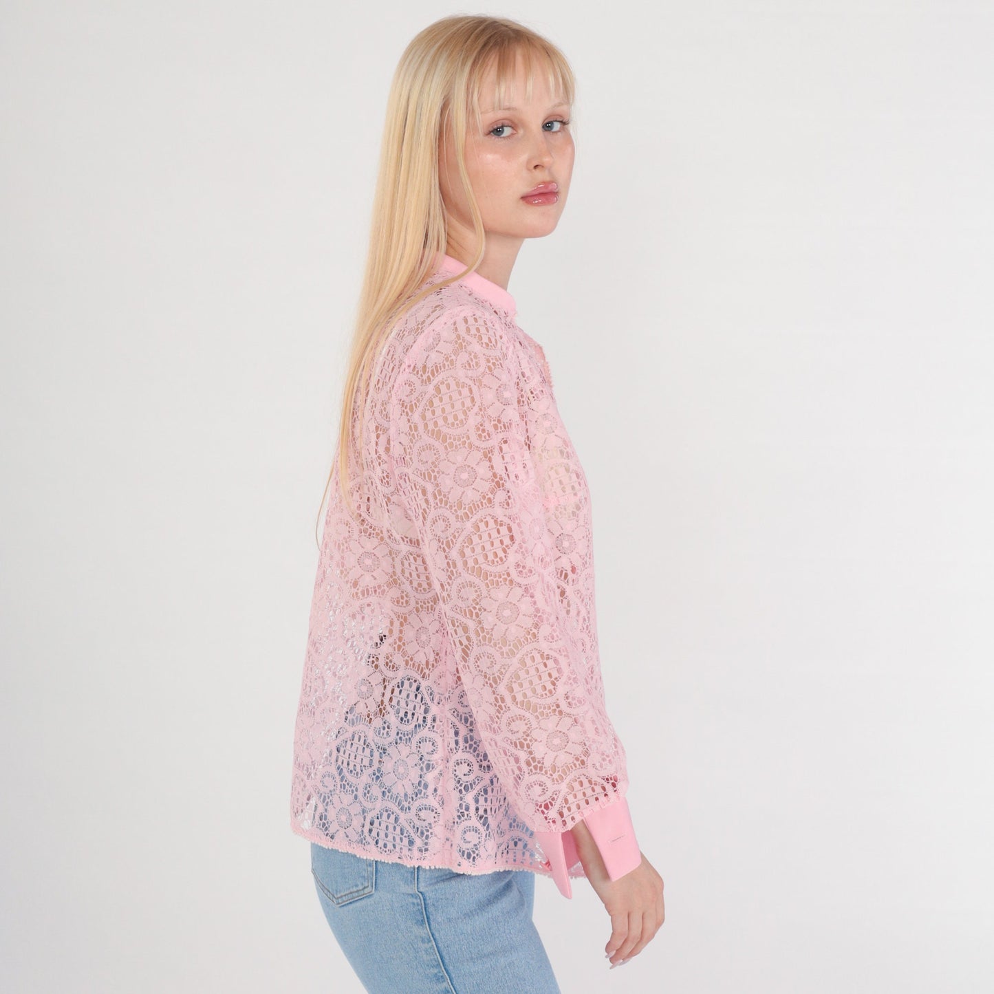 70s Pink Lace Blouse Sheer Floral Long Sleeve Open Front Medium M
