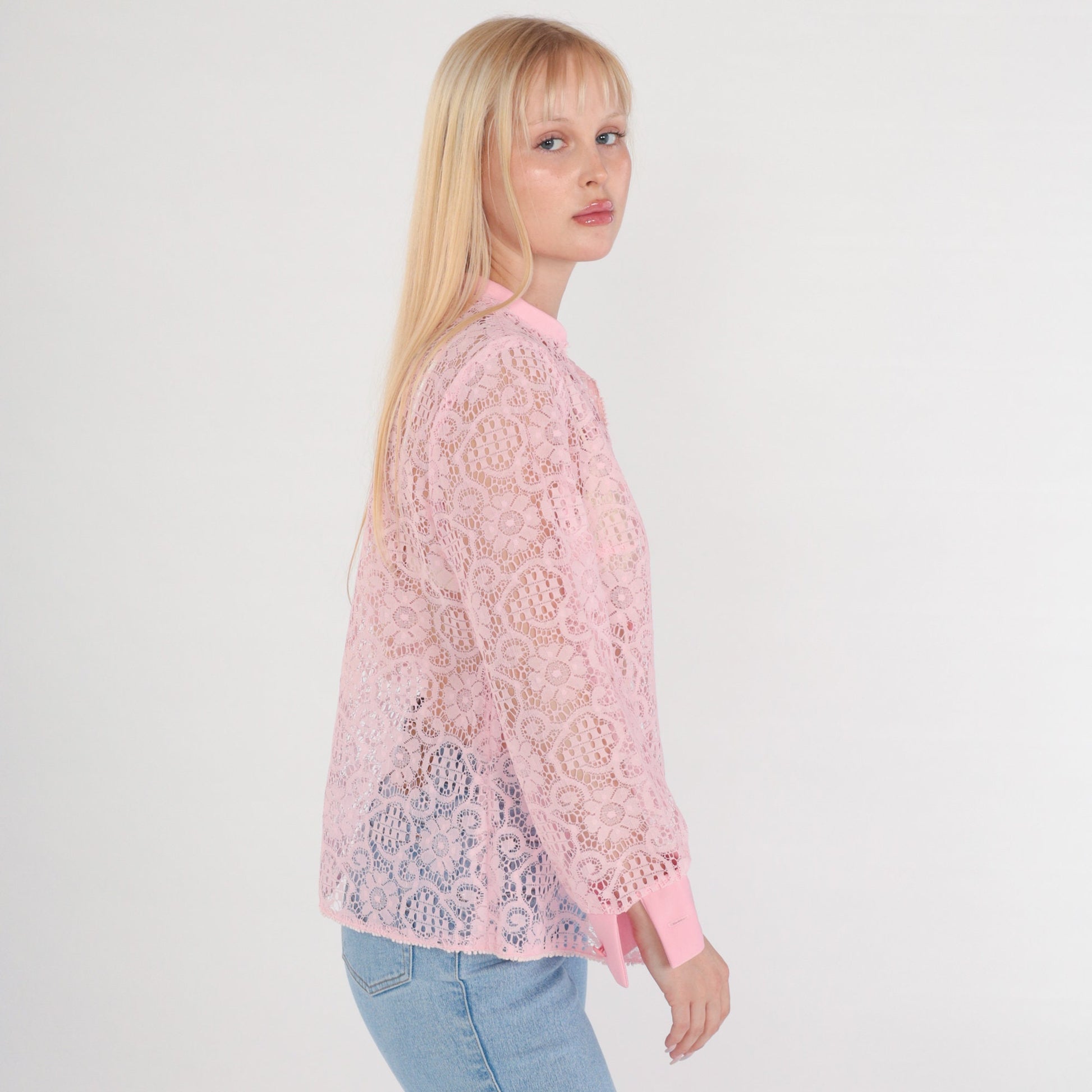 70s Pink Lace Blouse Sheer Floral Long Sleeve Open Front Medium M