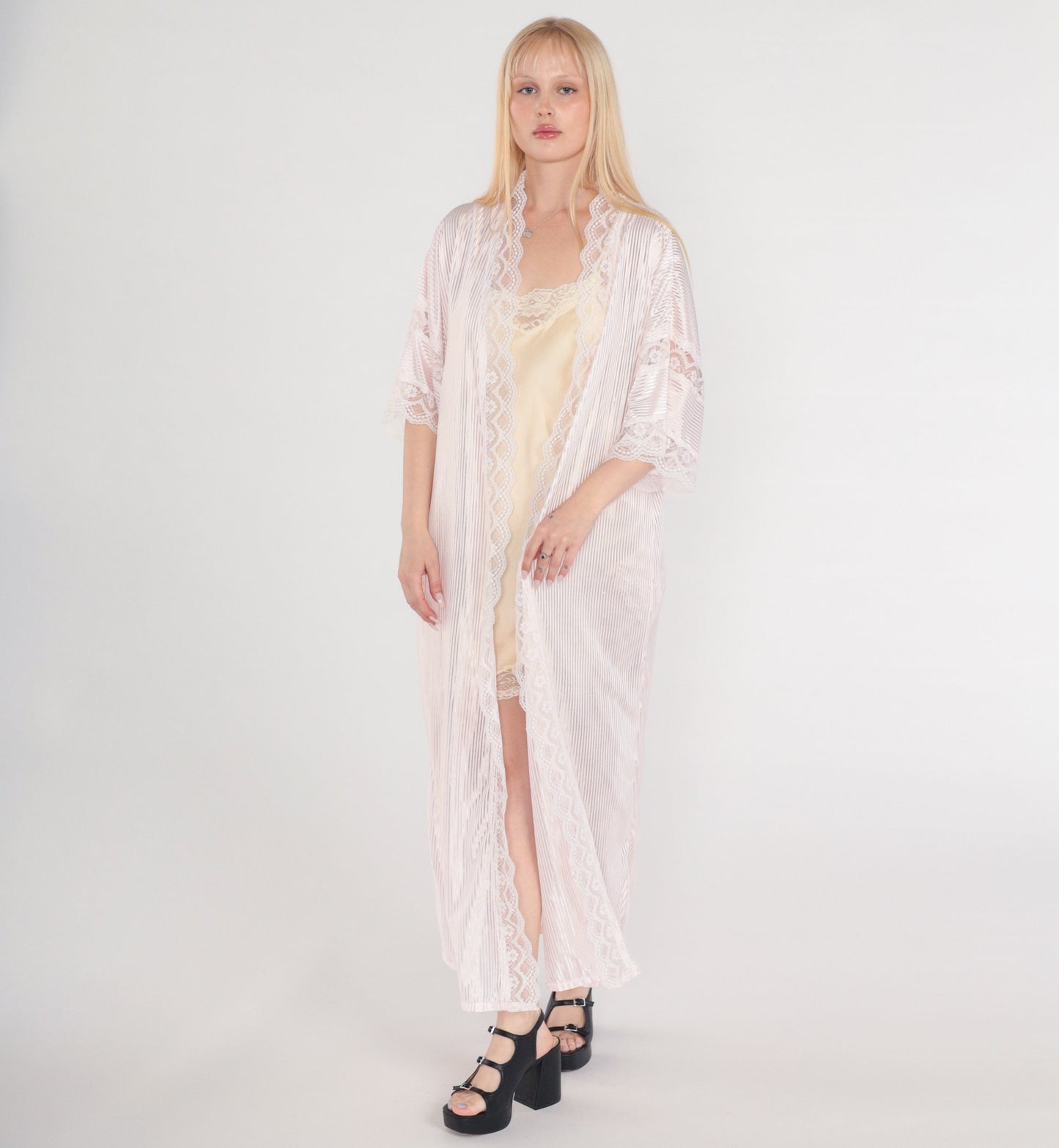 80s Fredricks of Hollywood Pink Lace Maxi Robe Semi-Sheer Open Front Medium