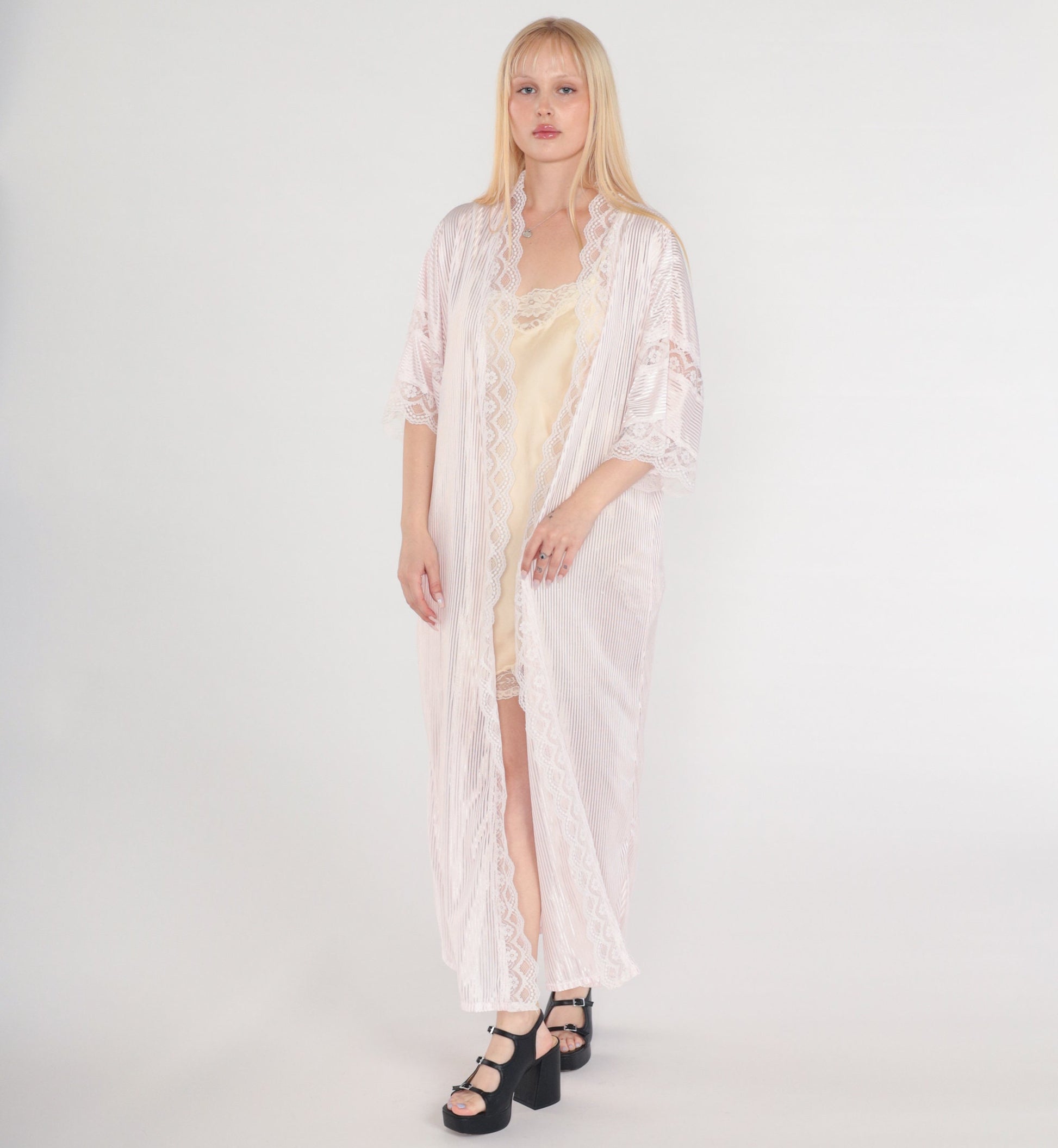 80s Fredricks of Hollywood Pink Lace Maxi Robe Semi-Sheer Open Front Medium