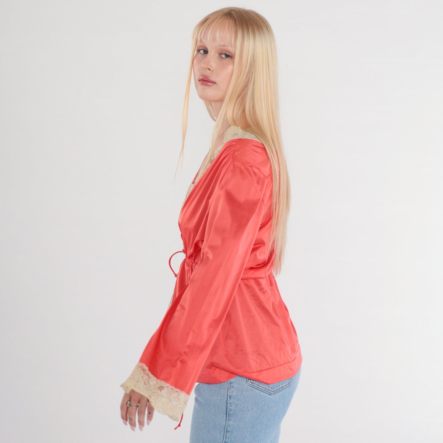 70s Coral Nylon Lace Pajama Top Button-Up Bed Jacket Long Sleeve Medium