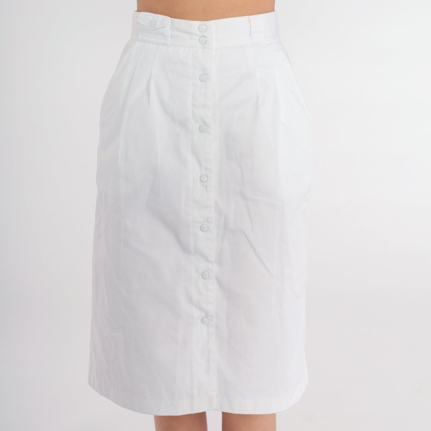 80s Chaus Petites White Snap-Front Pencil Skirt High Waist Knee Length Extra Small