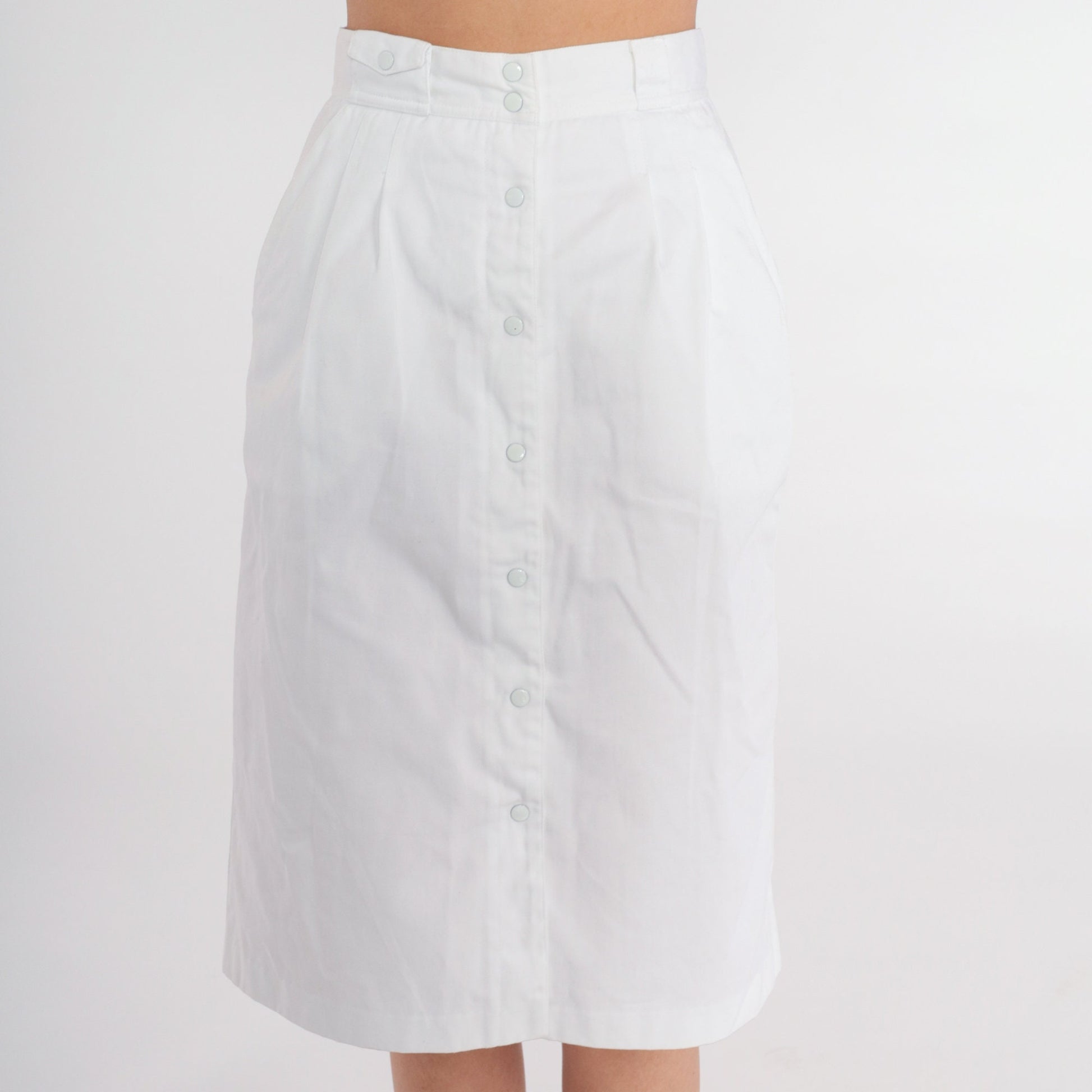 80s Chaus Petites White Snap-Front Pencil Skirt High Waist Knee Length Extra Small