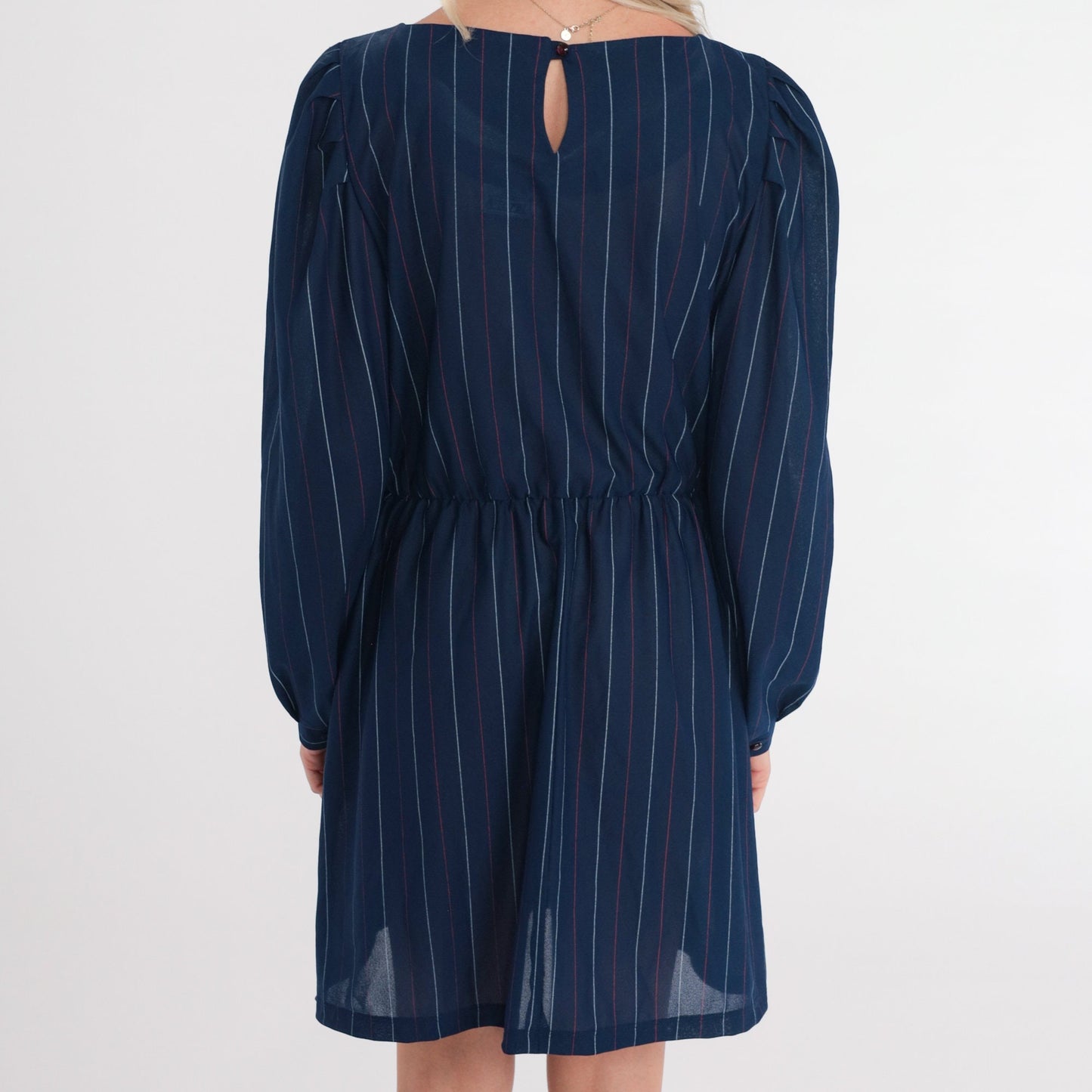 70s Navy Pinstriped Mini Dress Puff Sleeve High Waist Keyhole Back Small Medium