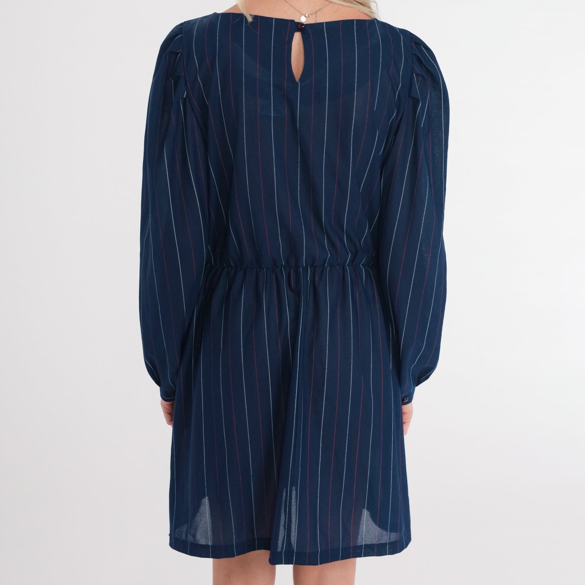 70s Navy Pinstriped Mini Dress Puff Sleeve High Waist Keyhole Back Small Medium