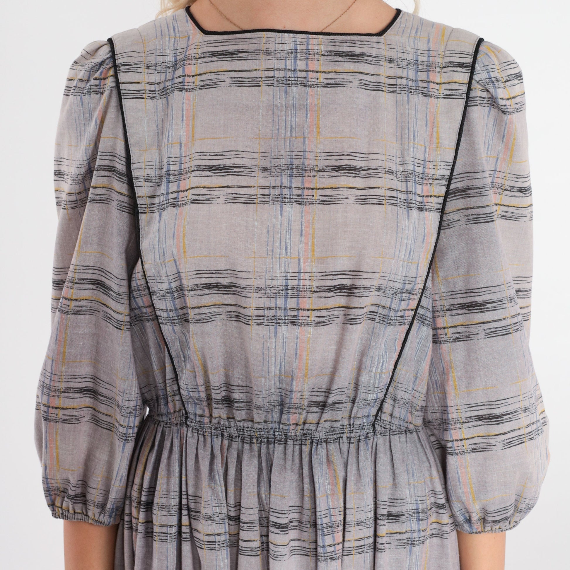 80s Leslie Faye Midi Dress Grey Checkered Puff Sleeve High Waisted Small