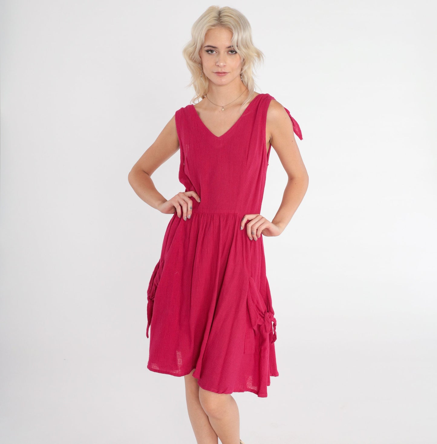 80s Berry Red Mini Sundress Sleeveless High Waist V Neck Pockets Small