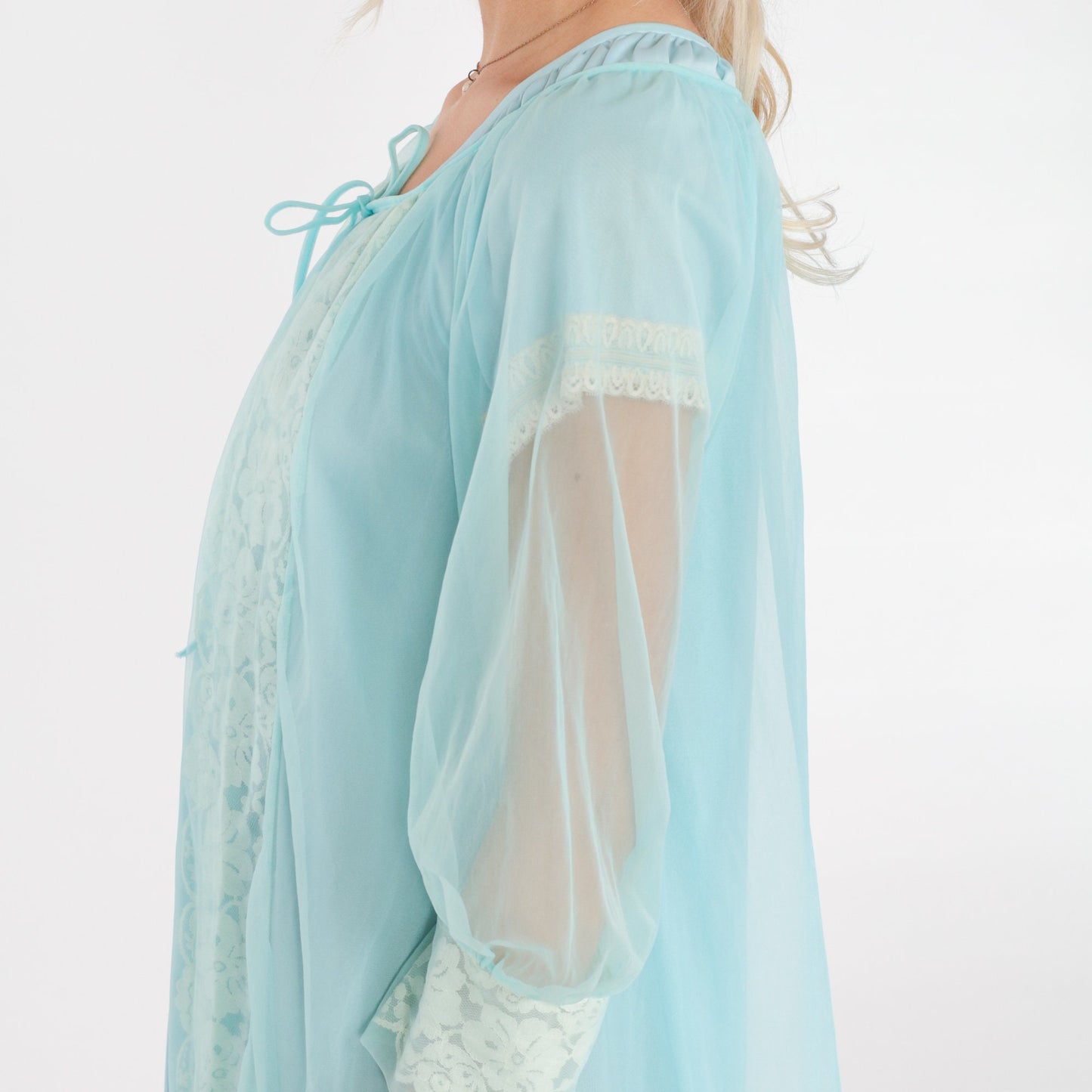 70s Sheer Blue Nylon Lingerie Robe Lace Trim Tie Front Medium M