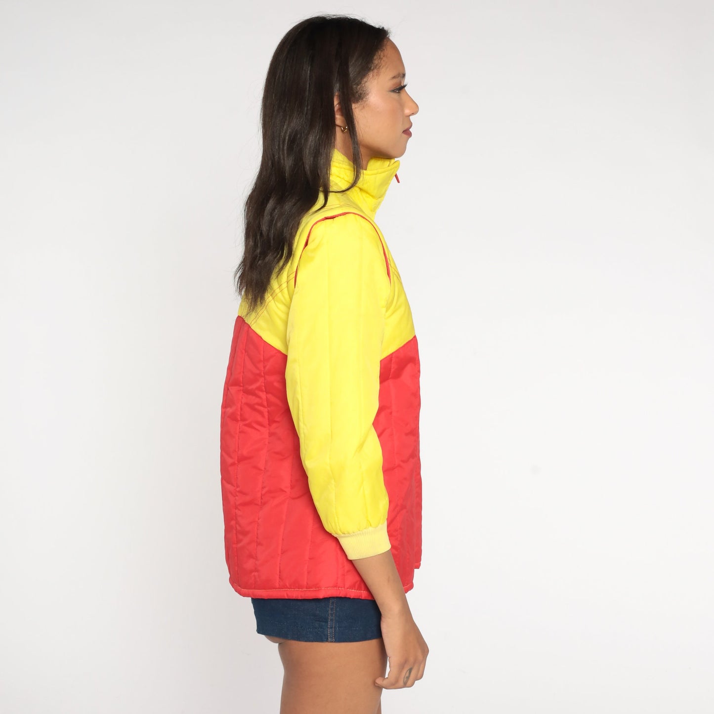 70s Yellow Red Colour Block Puffer Ski Jacket Convertible Zip Sleeves Extra Small