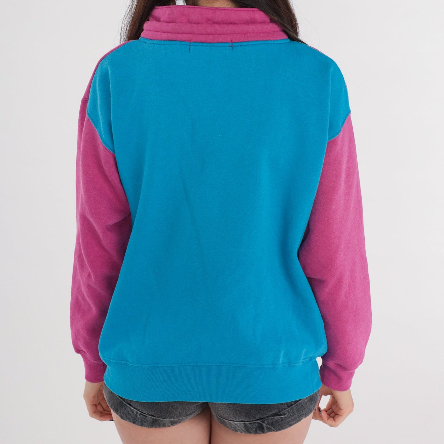 90s Striped Sweatshirt Pink Grey Blue Drawstring High Neck Large L