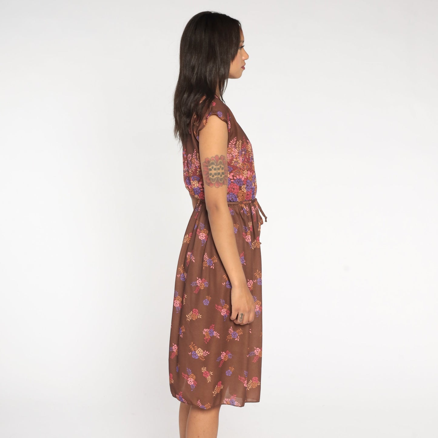 70s Floral Midi Dress Brown Semi-Sheer Deep V Neck Cap Sleeve High Waist Medium