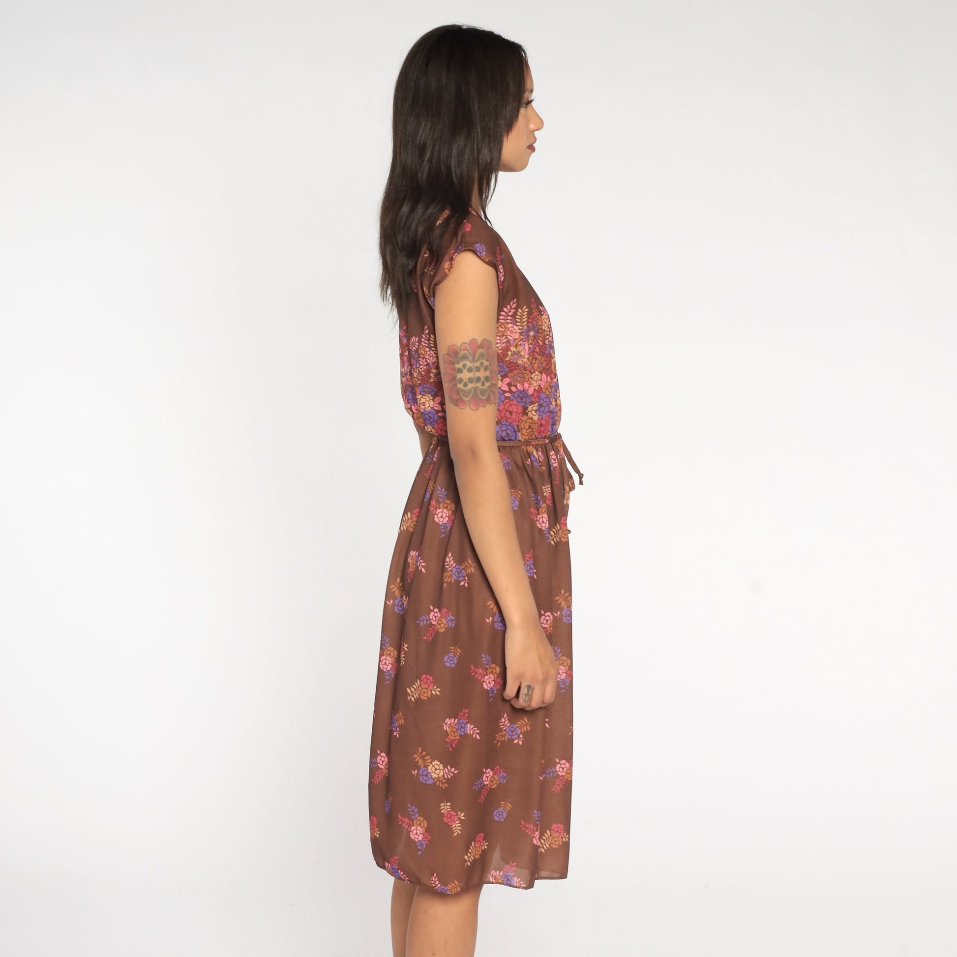 70s Floral Midi Dress Brown Semi-Sheer Deep V Neck Cap Sleeve High Waist Medium