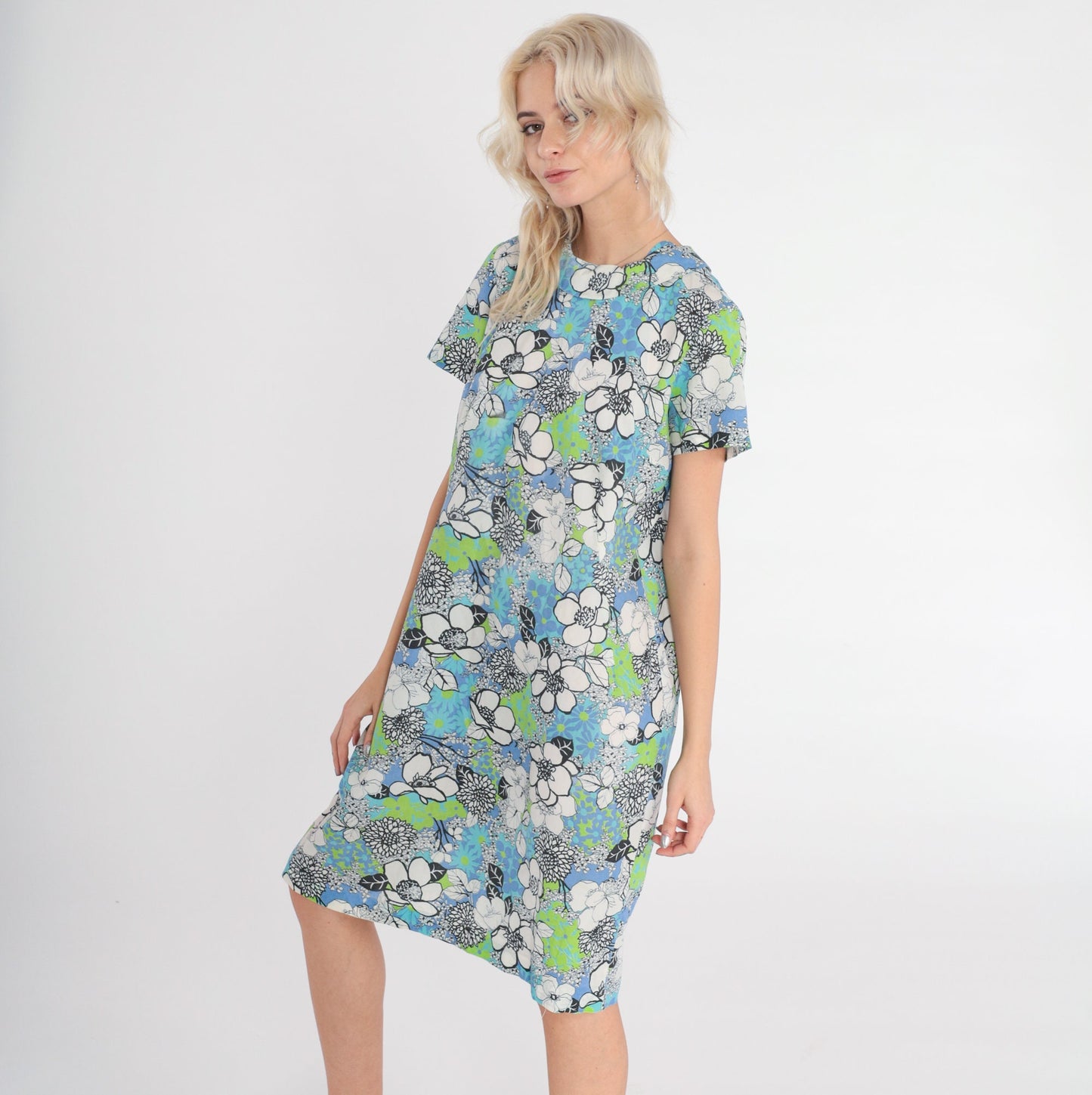 60s Floral Print Shift Dress Mini Blue Green Mod Round Collar Medium