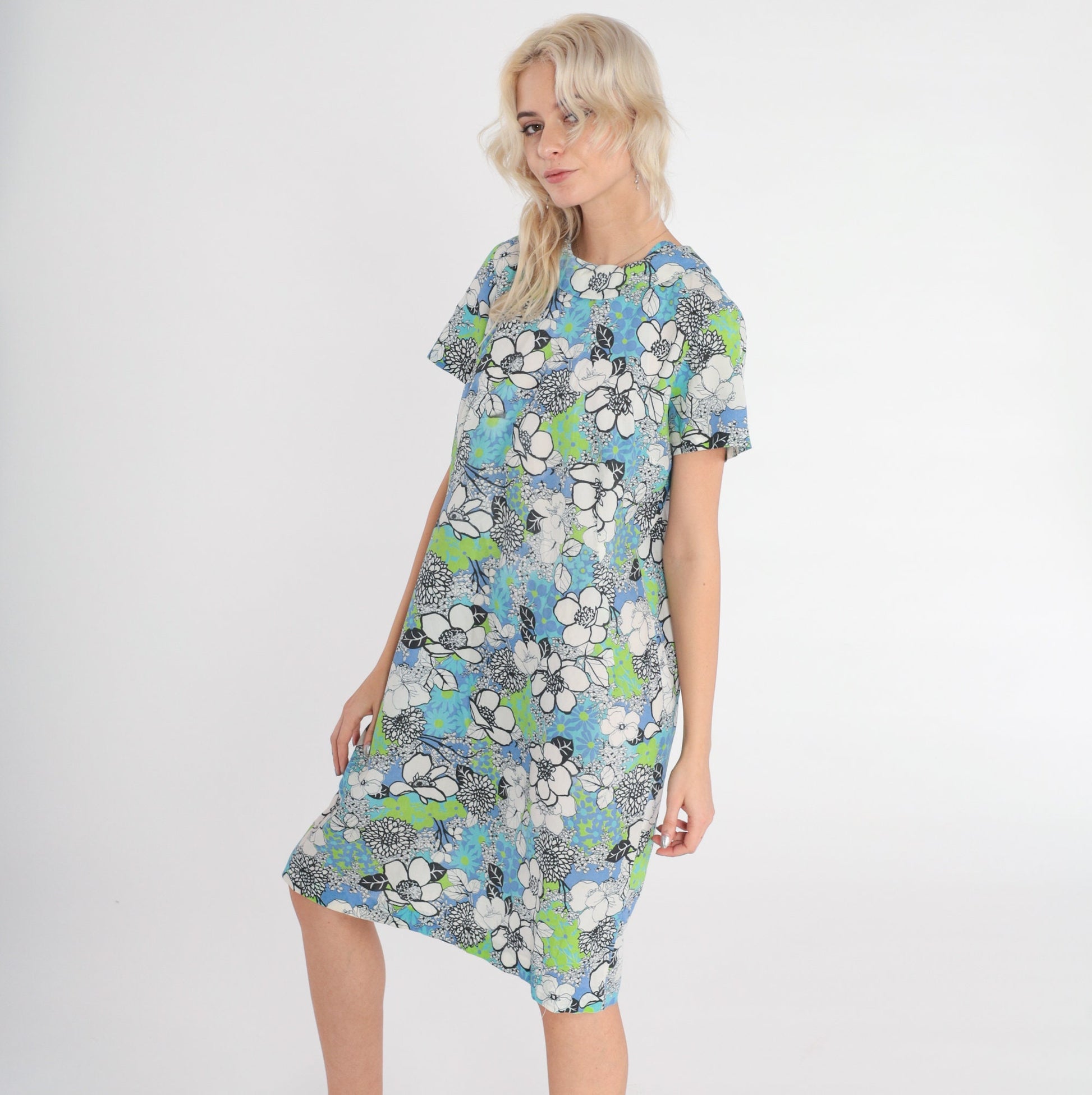 60s Floral Print Shift Dress Mini Blue Green Mod Round Collar Medium