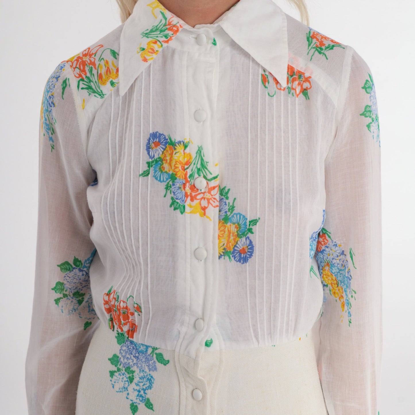 70s White Floral Mini Dress Dagger Collar High Waisted Button Up Long Sleeve Extra Small