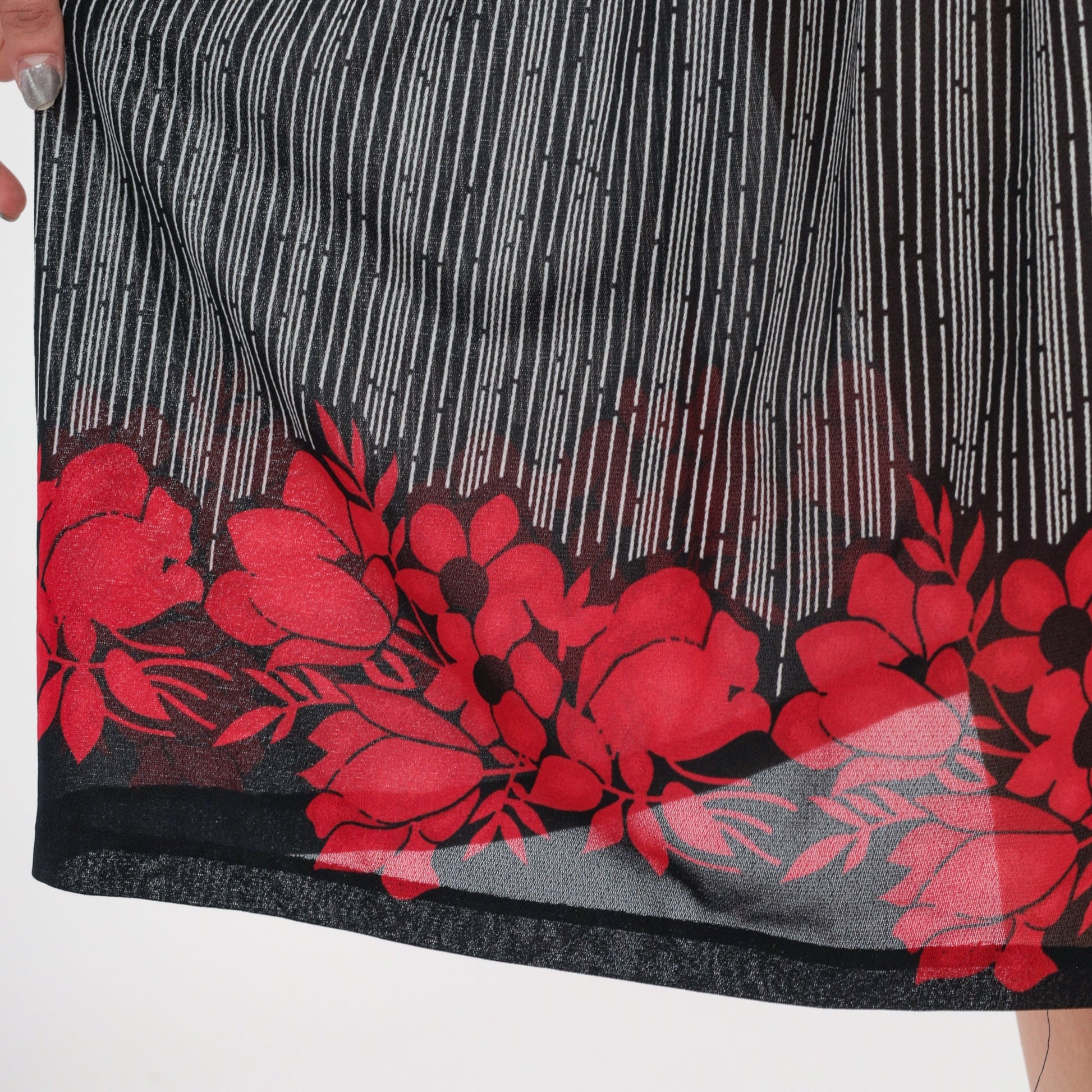 70s Striped Floral Midi Dress Black White Red Flower Print Long Sleeve Small