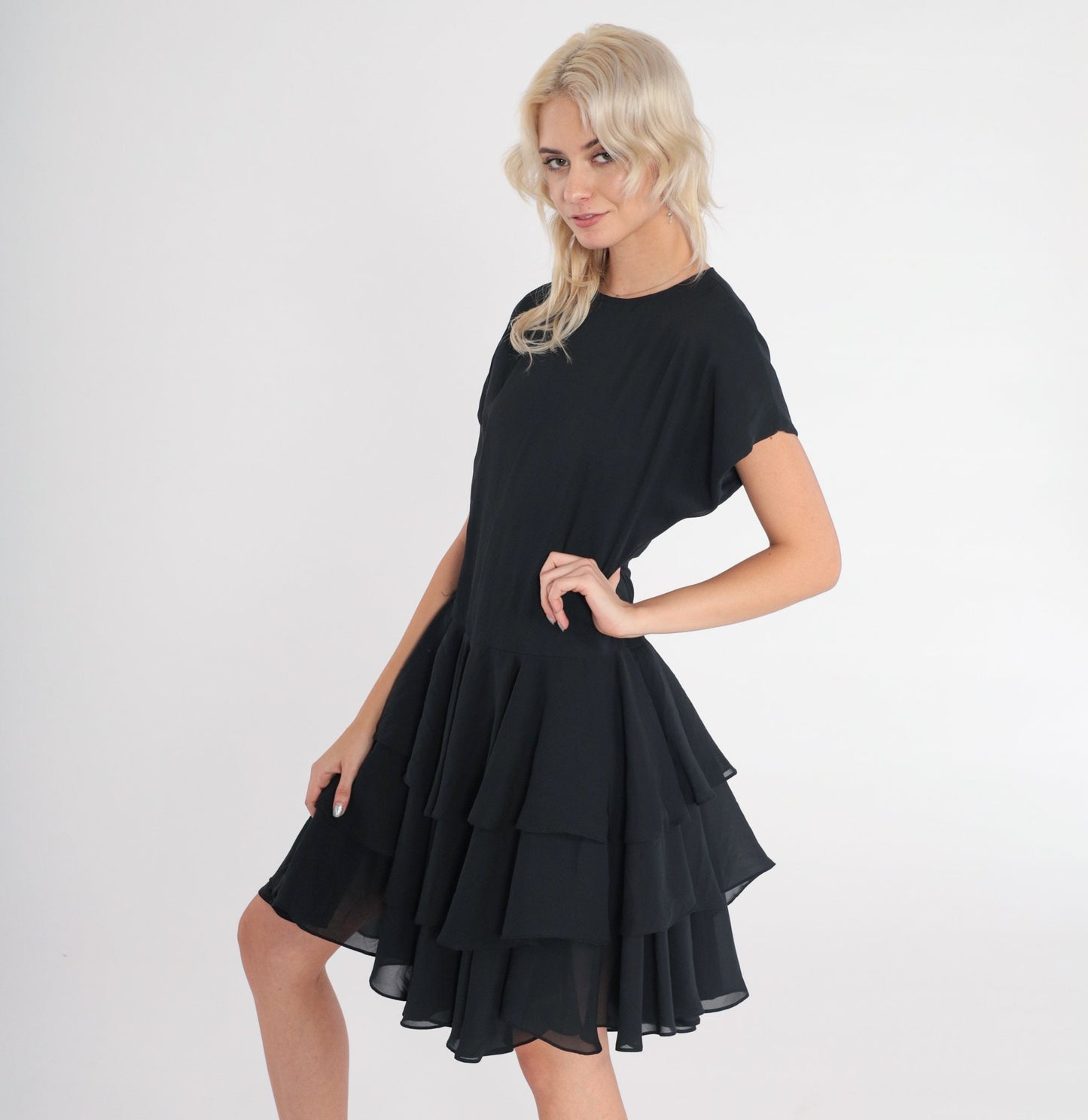 80s Jodi of California Black Mini Dress Ruffled Tiered Skirt Short Sleeve Small