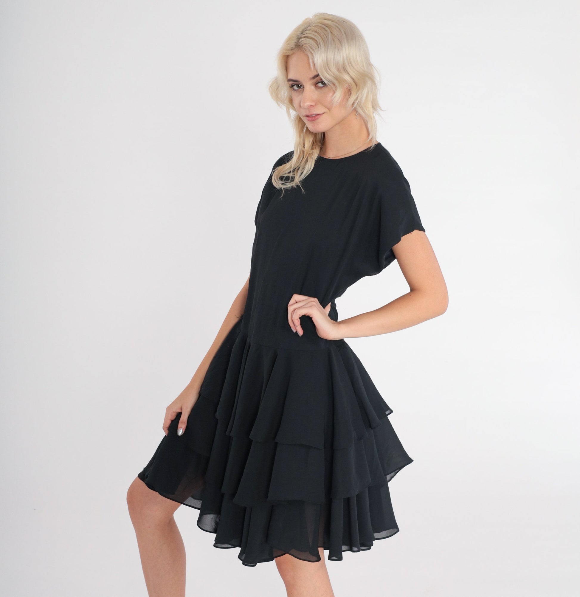 80s Jodi of California Black Mini Dress Ruffled Tiered Skirt Short Sleeve Small