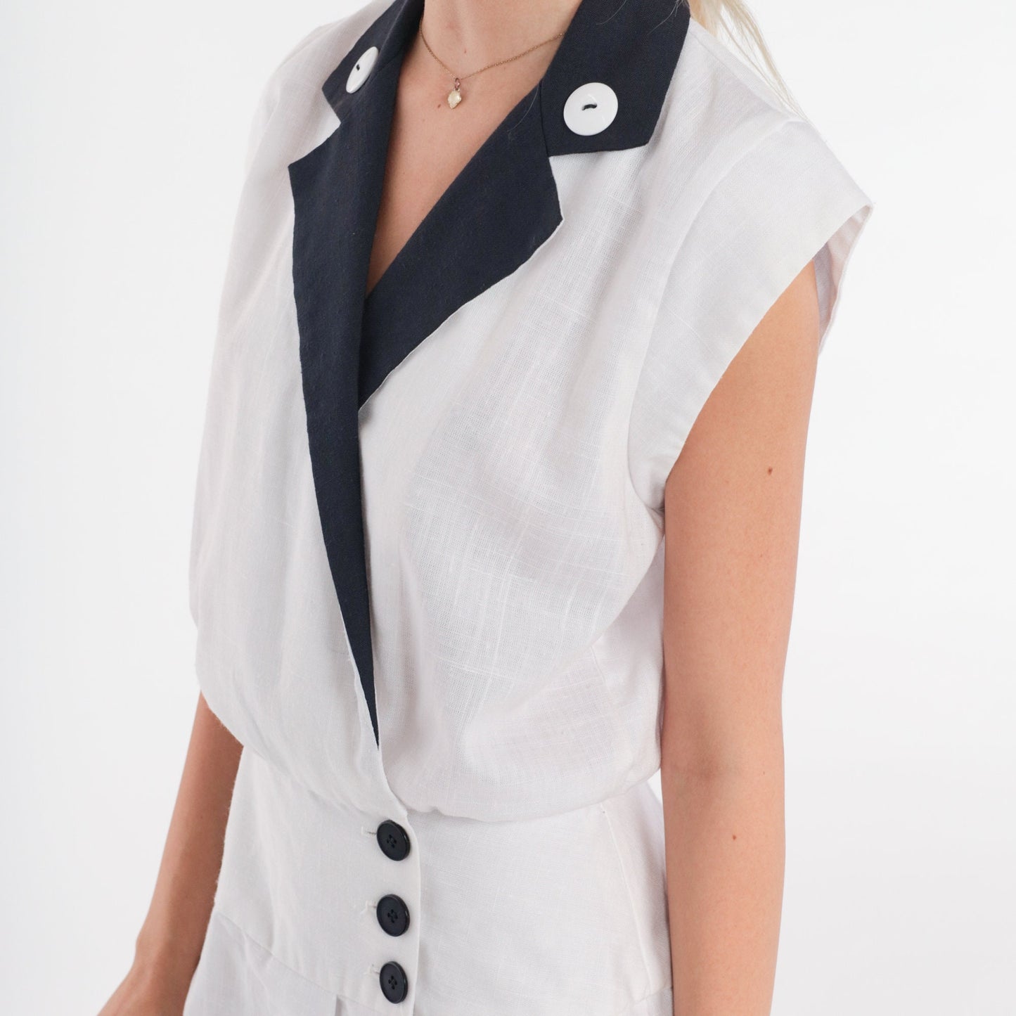 80s White Midi Wrap Dress Black Collar Cap Sleeve Button-Up Small