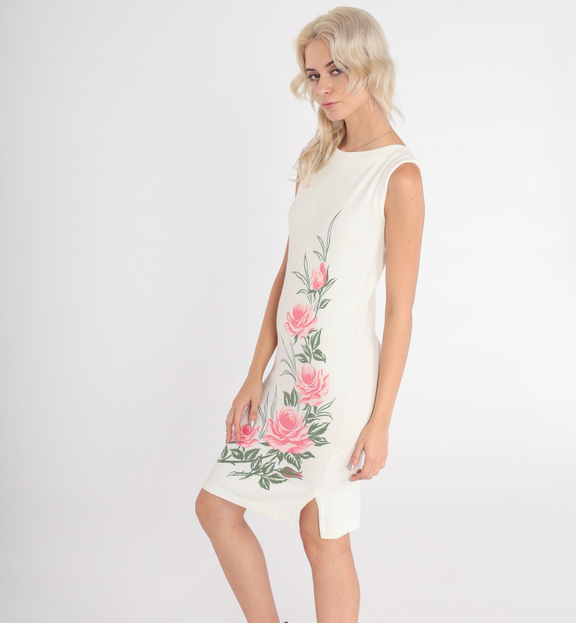 80s Rose Print White Mini Dress Sleeveless Shift Pink Floral Side Slit Extra Small