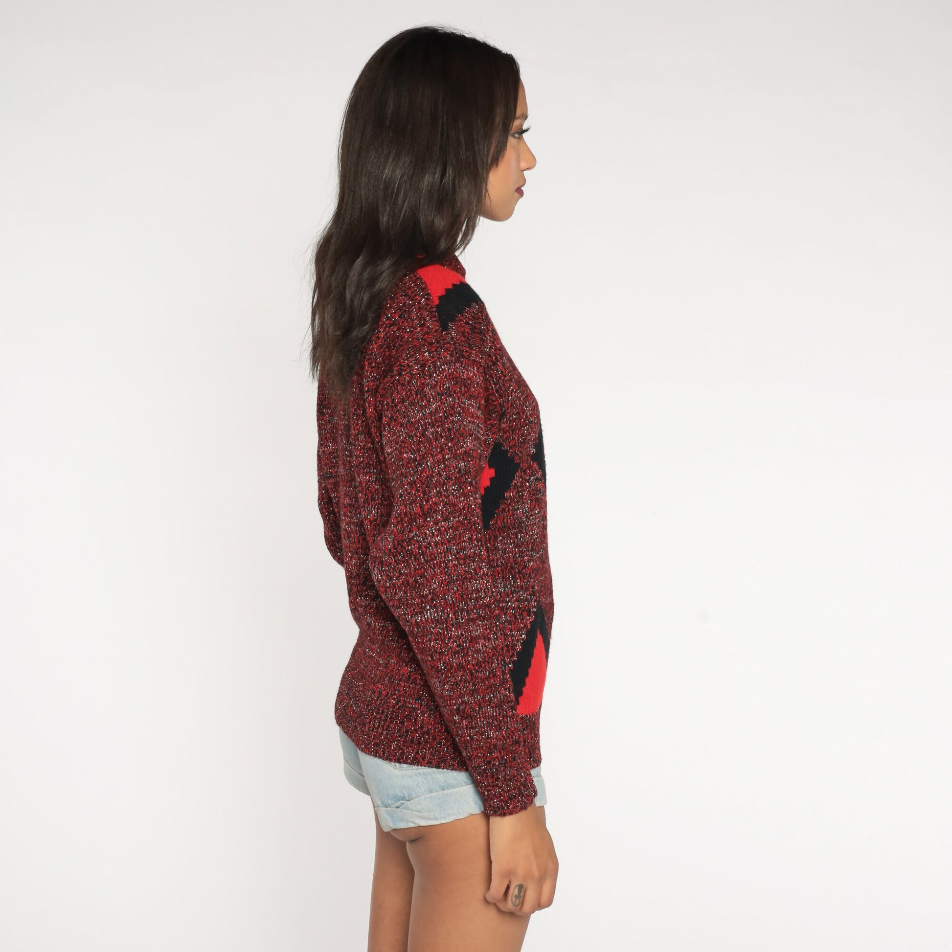 80s Metallic Red Diamond Jacquard Knit Sweater Collared Pullover Small S