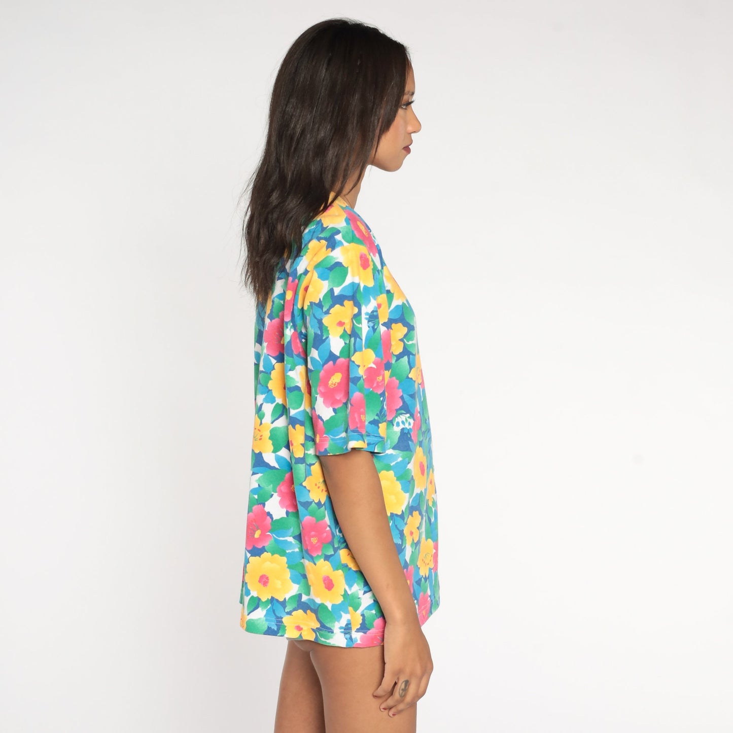 90s Floral Button Up Blouse Scalloped Neckline Short Sleeve Pink Yellow Blue Large L