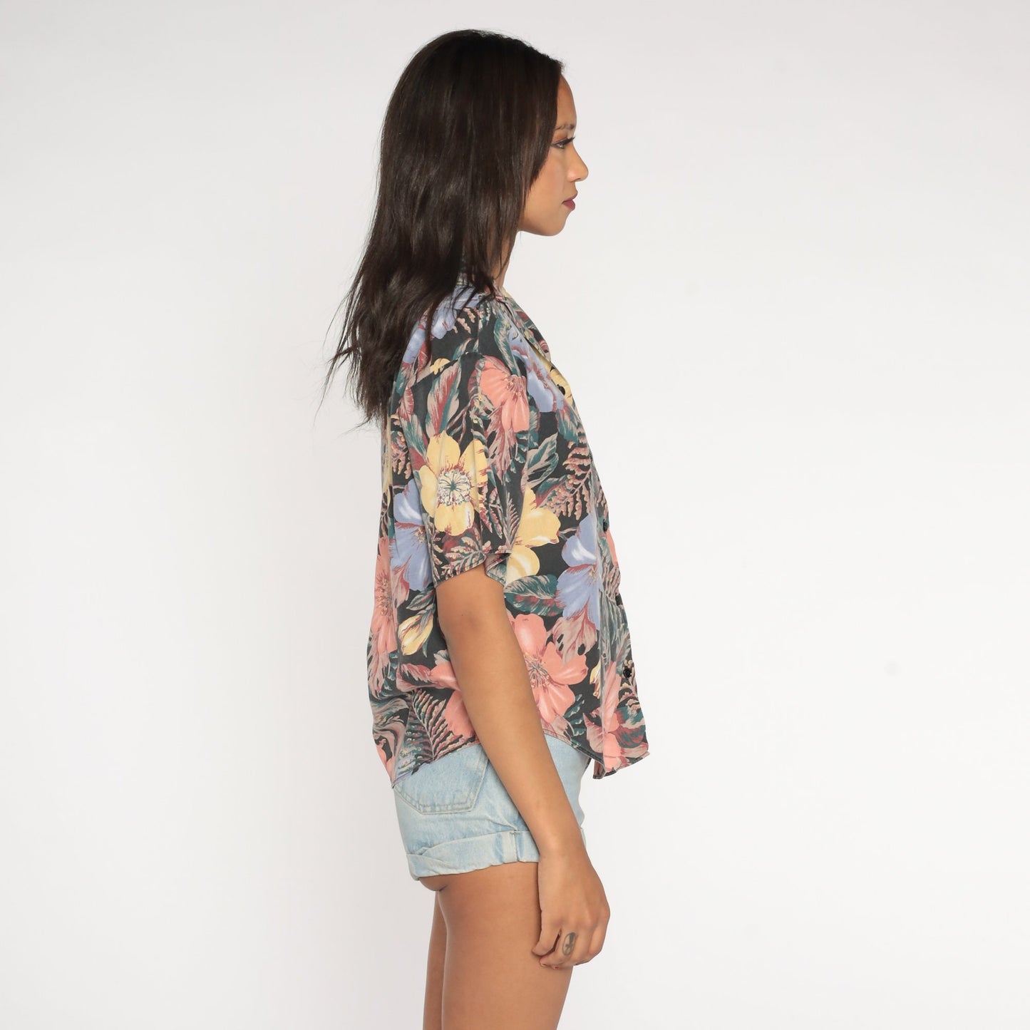 90s Tropical Floral Button-Up Blouse Short Sleeve Purple Yellow Orange Green Medium Large