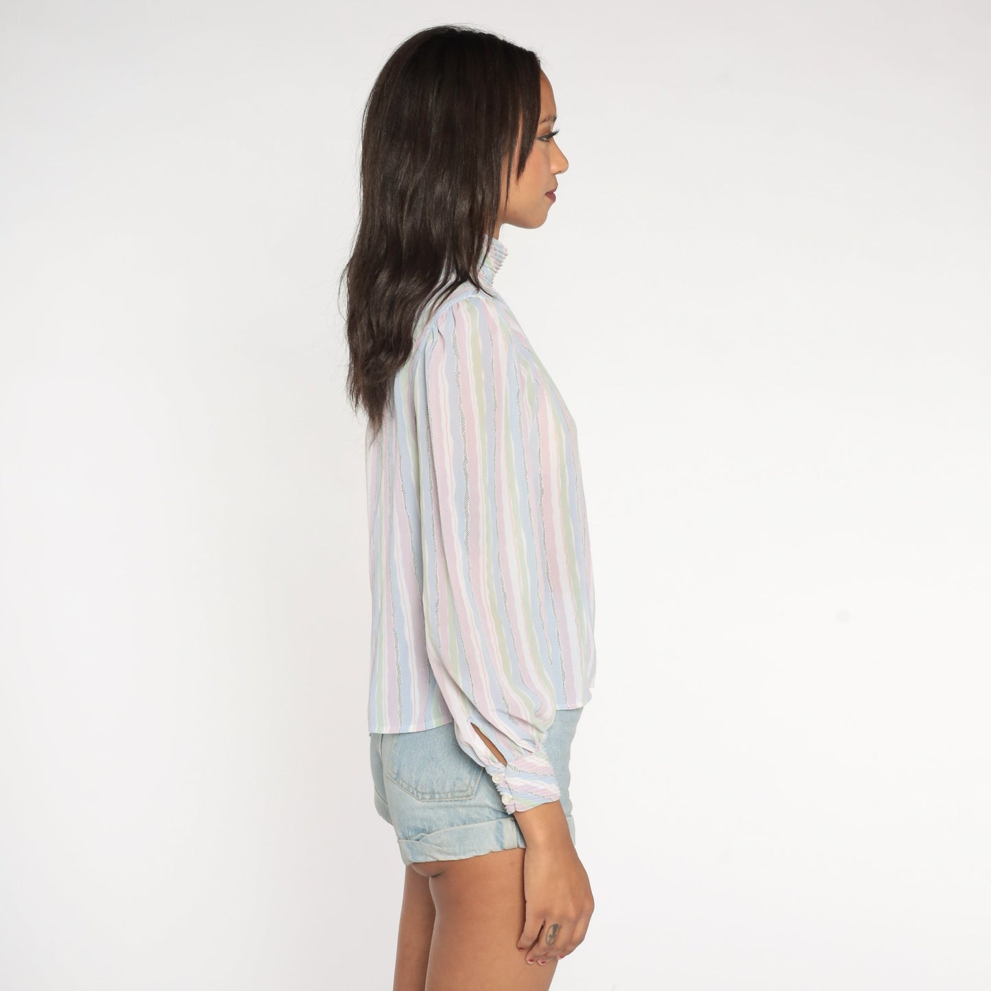 80s Pastel Striped Puff Sleeve Blouse Mock Neck Button Back Lavender Small