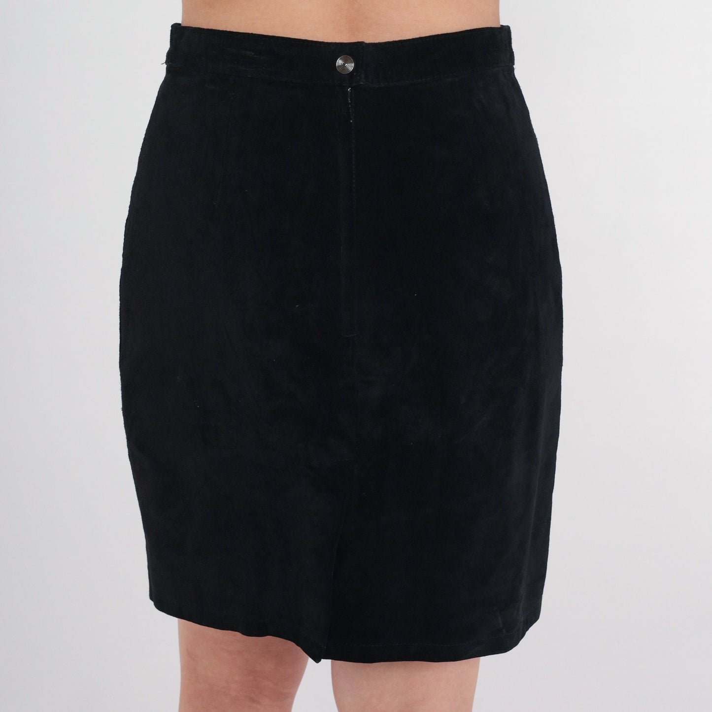 90s Black Suede Pencil Skirt Midi High Waist Rear Zip Medium