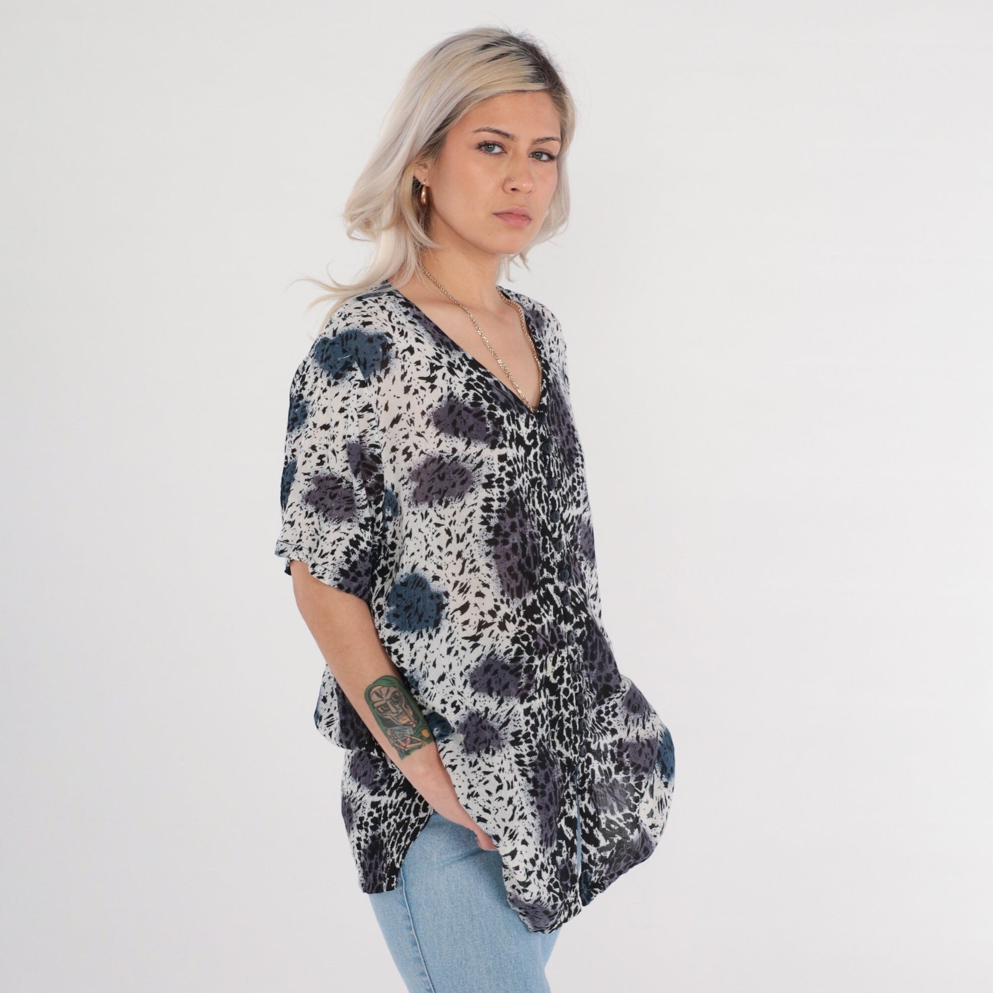 90s Leopard Animal Print Button Up Blouse V Neck Short Sleeve Plus Size XXL
