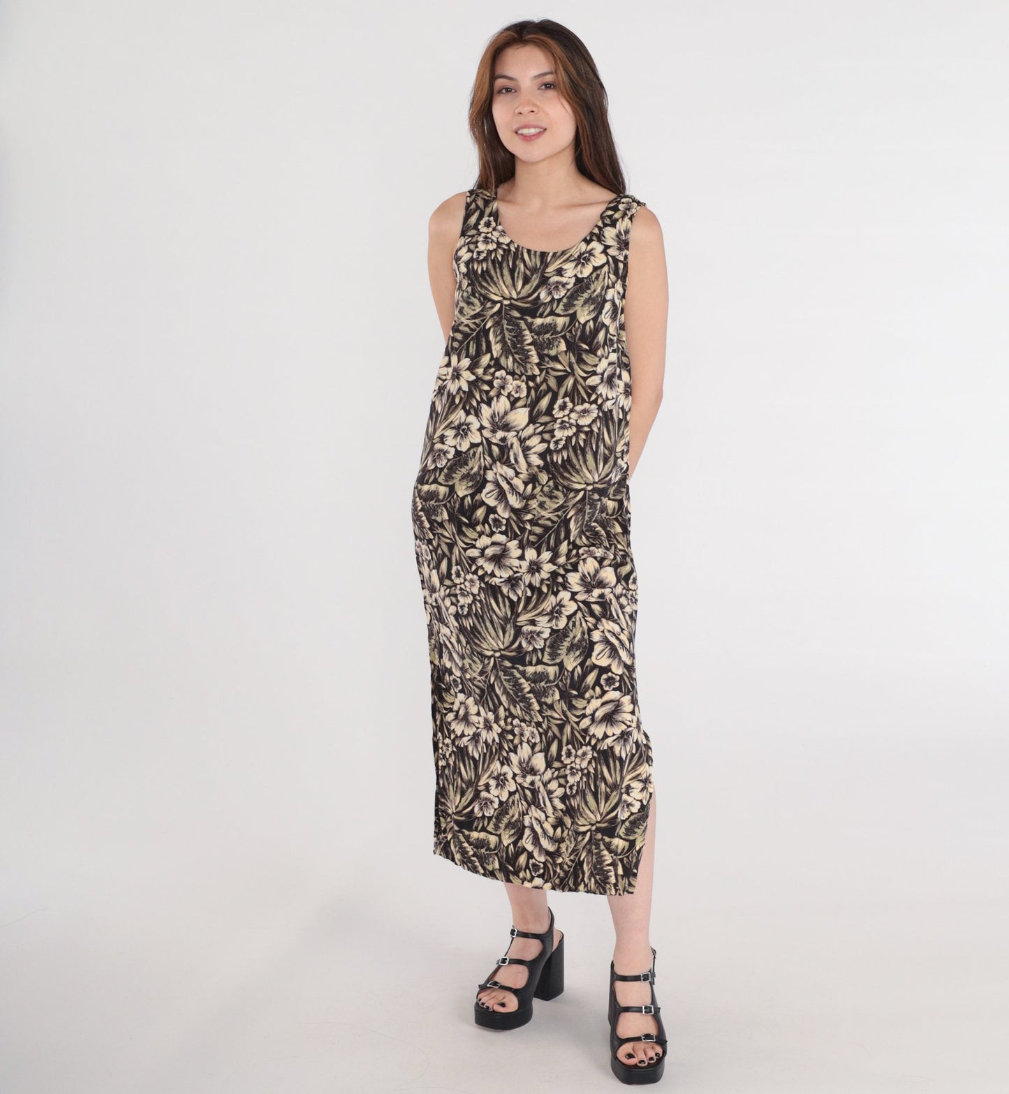 90s Black Floral Midi Dress Tropical Hibiscus Leaf Print Sleeveless Medium M
