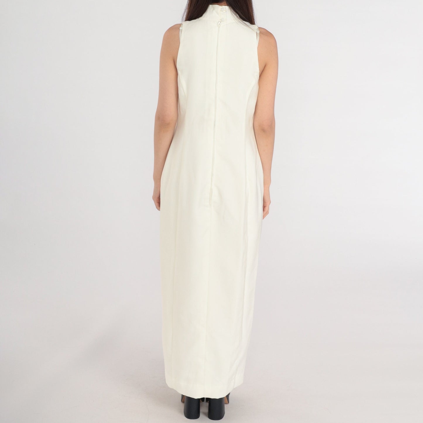80s Cream Maxi Dress Sleeveless Mock Neck High Slit Evening Gown Small