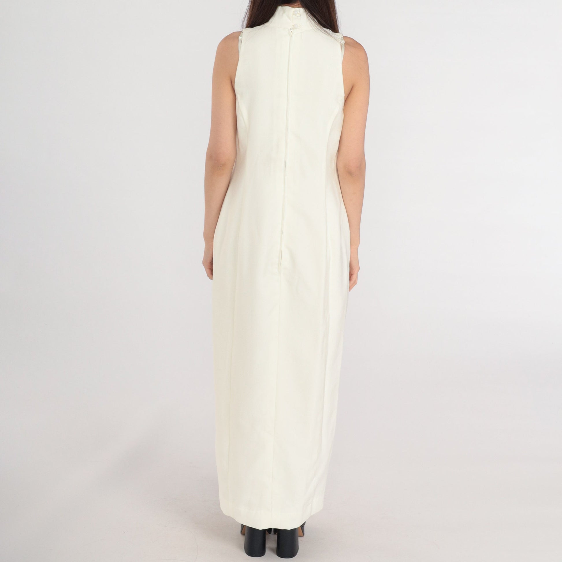 80s Cream Maxi Dress Sleeveless Mock Neck High Slit Evening Gown Small