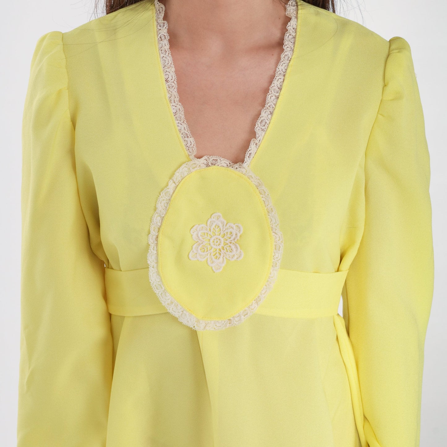 70s Yellow Babydoll Mini Dress Empire Waist Puff Sleeve Floral Small