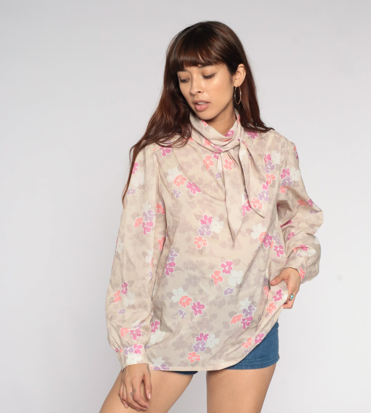 70s Floral Ascot Blouse Beige Neck Tie Long Sleeve Shirt Extra Large XXL