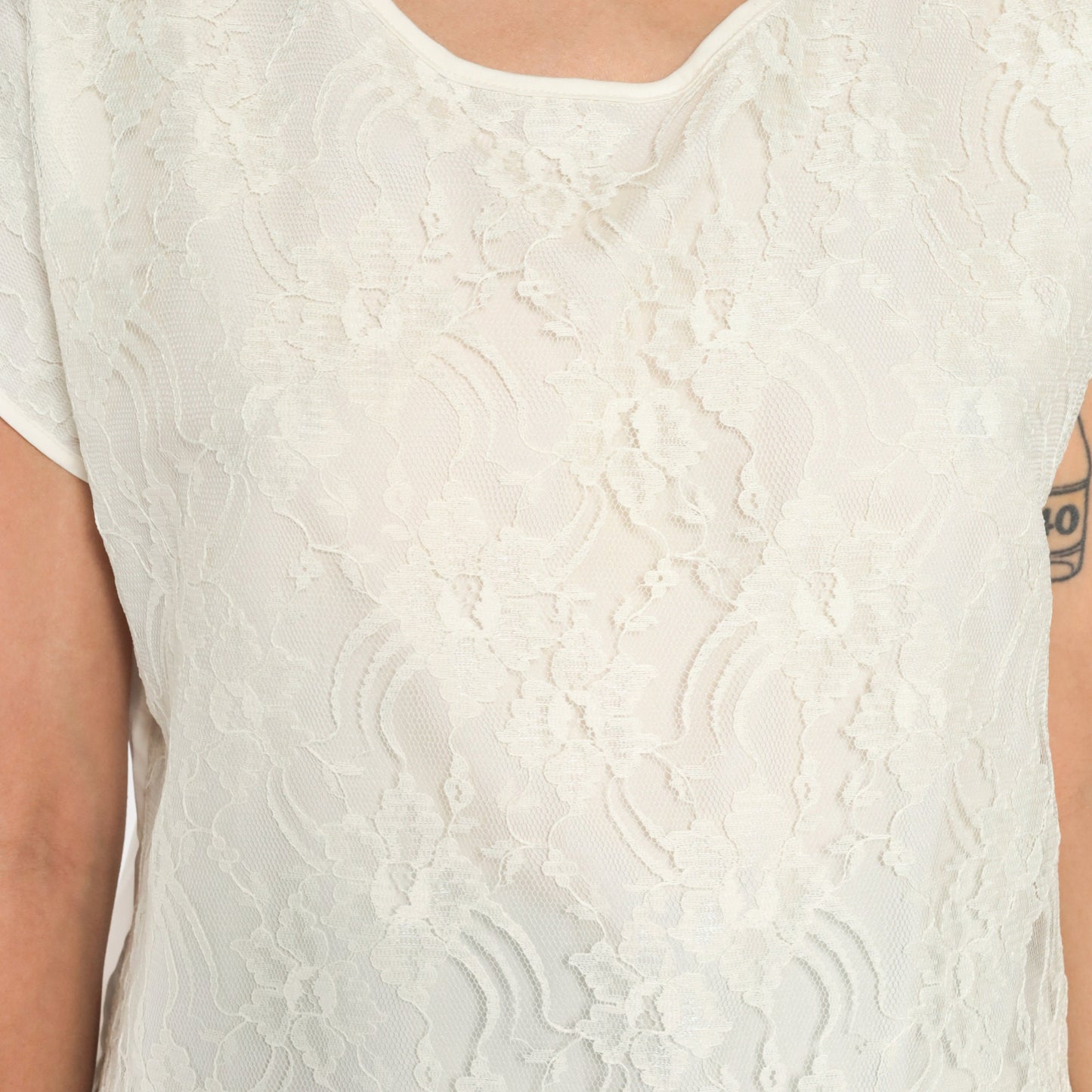 70s White Lace Blouse Cap Sleeve Scoop Neck Layered Front Large