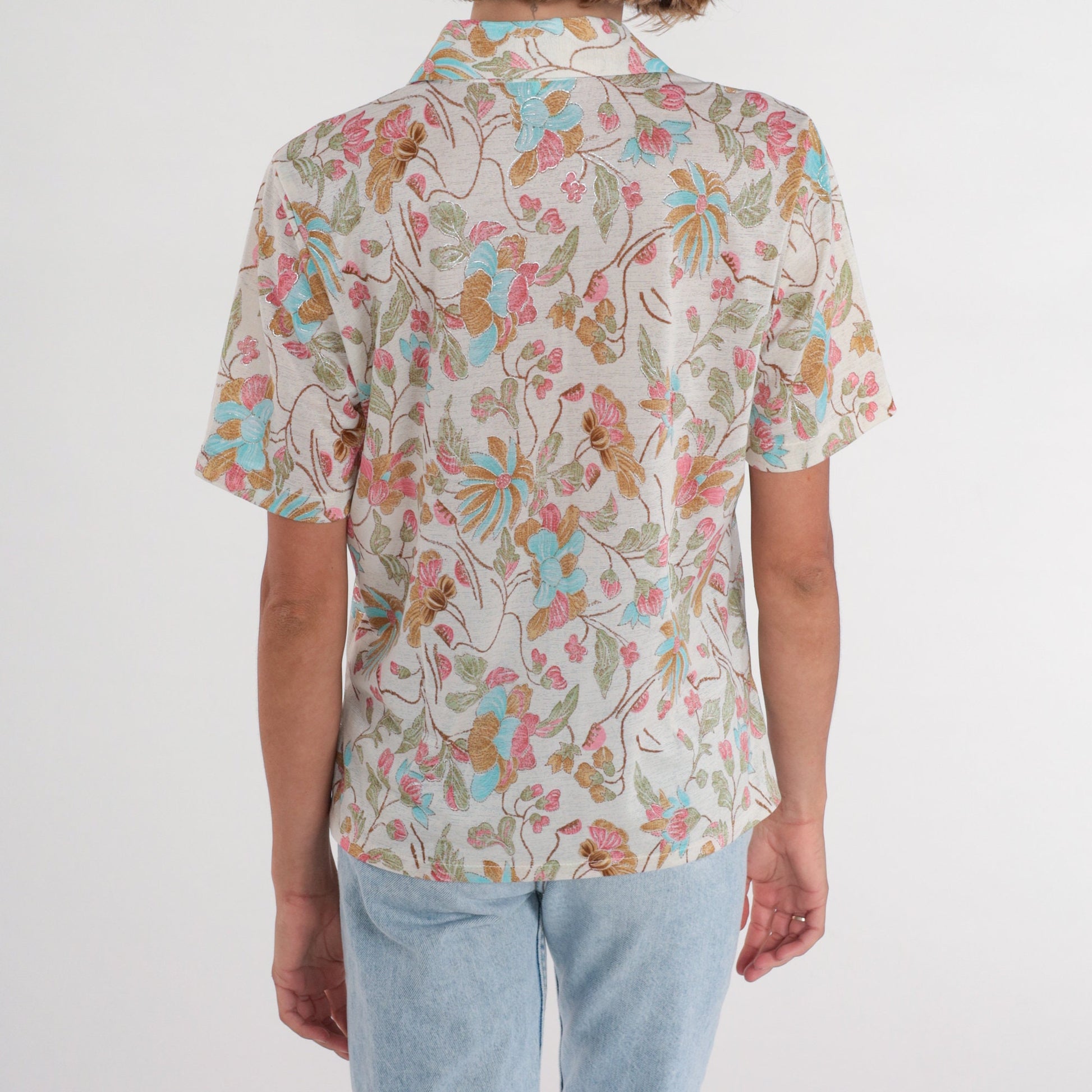 Y2K White Floral Blouse Rhinestone Metallic Trim Button-Up Short Sleeve Medium M