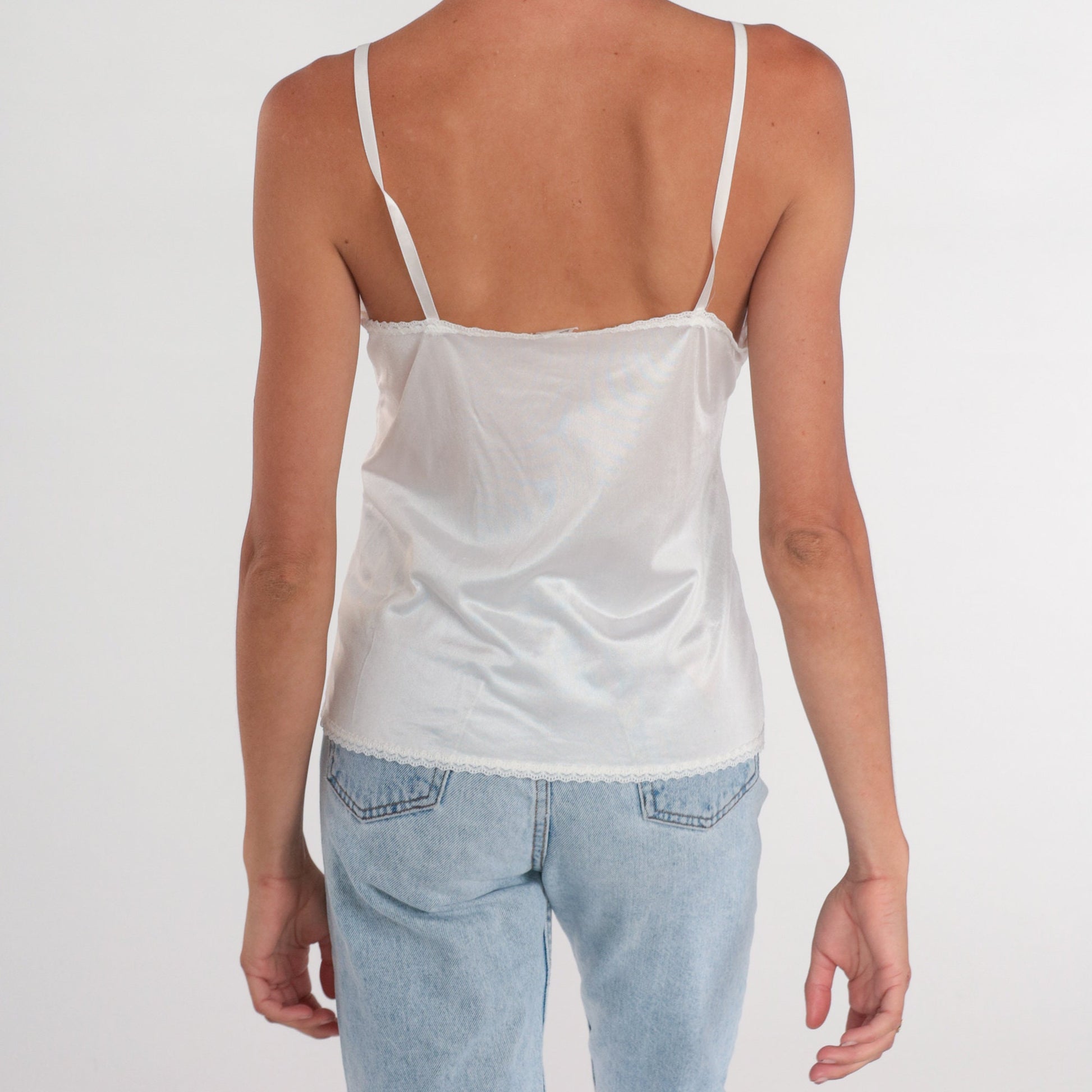 80s White Nylon Camisole Lace Trim Spaghetti Strap Empire Waist Small
