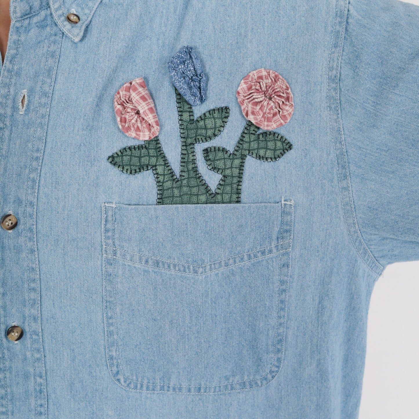 90s Blue Denim Shirt Floral Farm Patches Button-Up Long Sleeve Medium