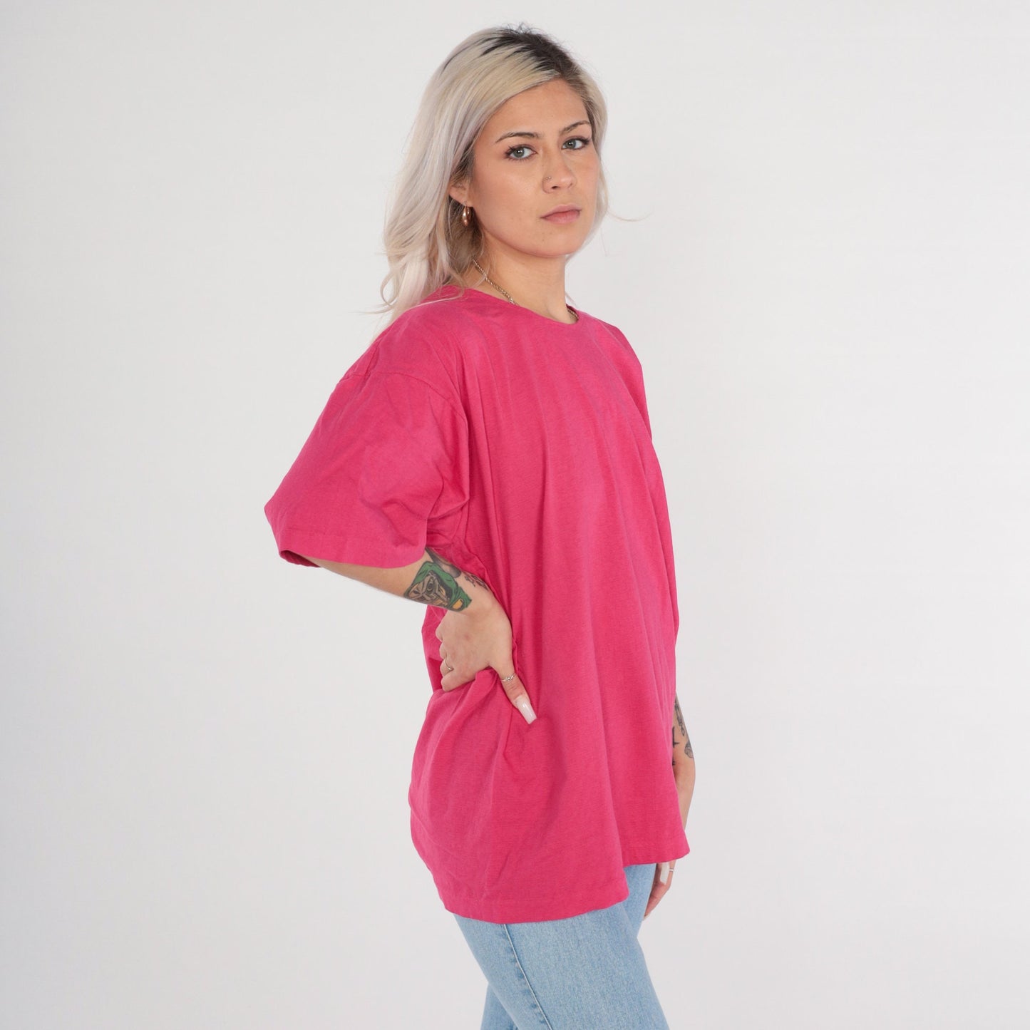 90s Hot Pink Plain Cotton T-Shirt Short Sleeve Solid Tee Extra Large