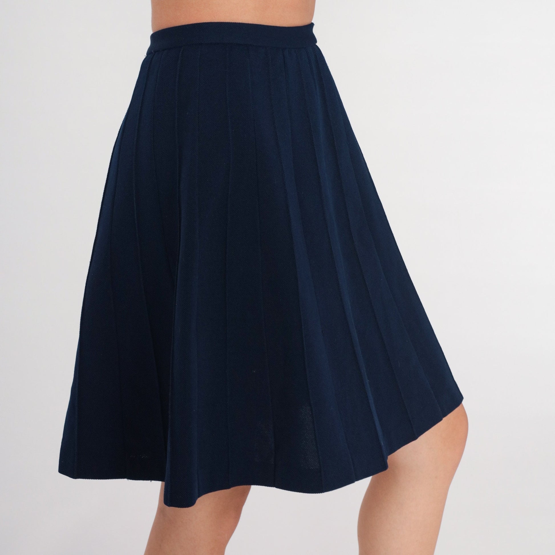 70s Navy Blue Mini Skirt High Waist A-Line Pleated Extra Small