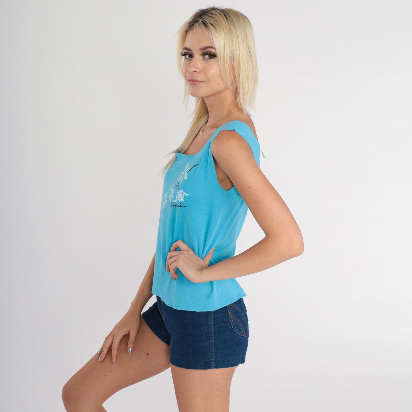 80s Hawaii Tropical Floral Tank Top Blue Orchid Graphic Sleeveless Small