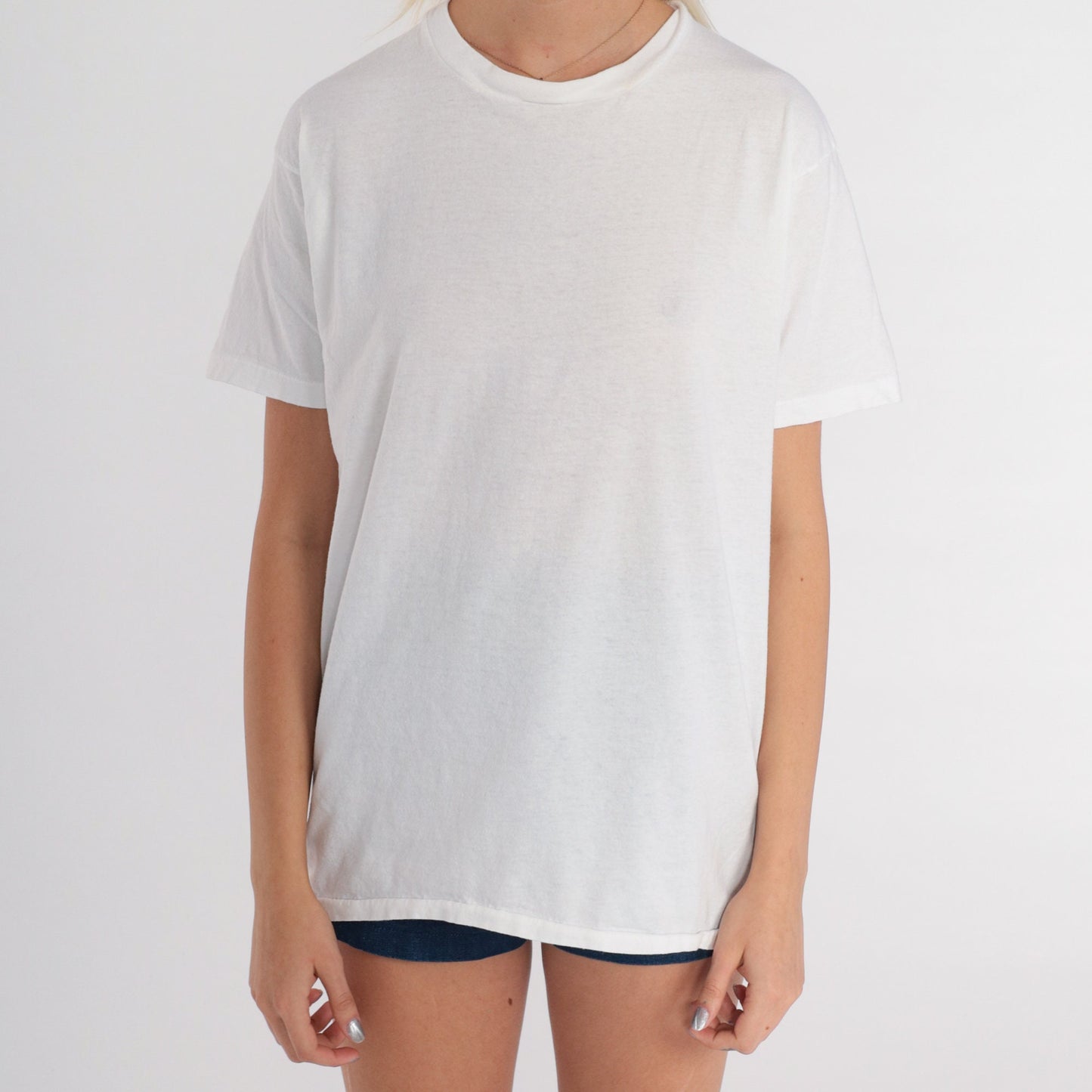 80s Hanes Plain White Cotton T-Shirt Crew Neck Single Stitch Large L