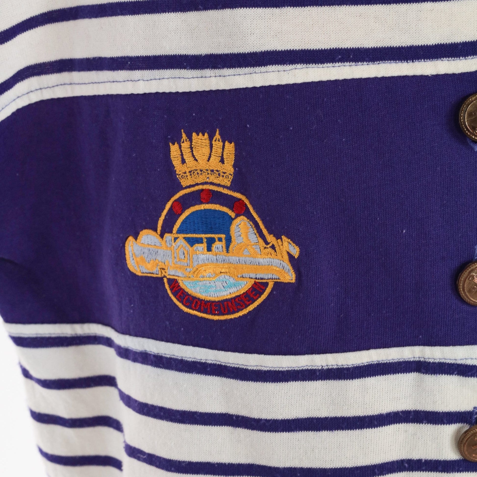 90s Royal Navy Striped Button-Up Shirt White Purple Compass Crest Medium