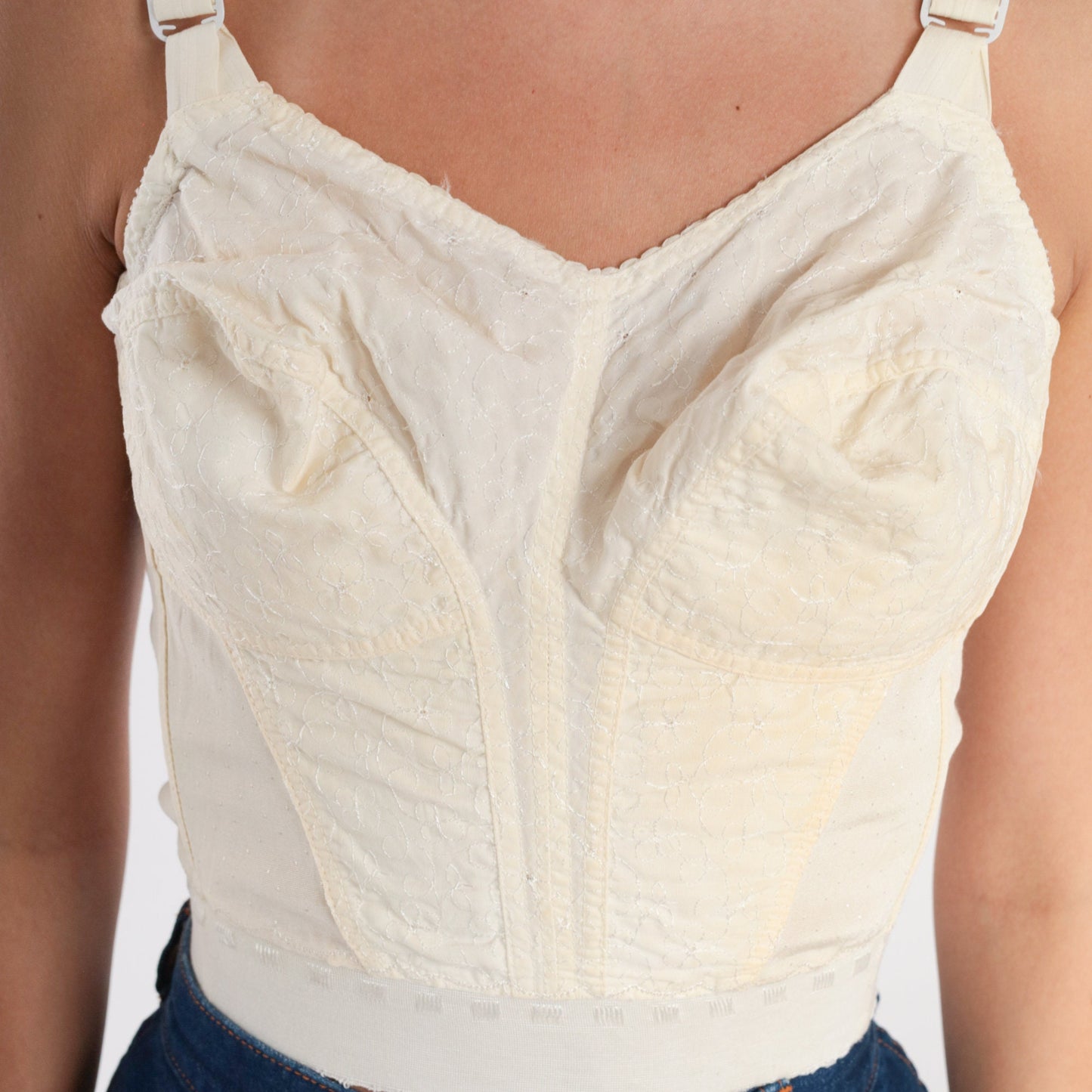 60s Floral Embroidered Underwire Bustier Bra Top Off-White 34D