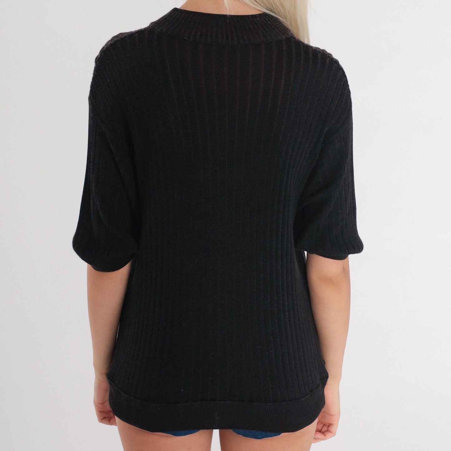 80s Black Cable Knit Short Sleeve Sweater Top Large L