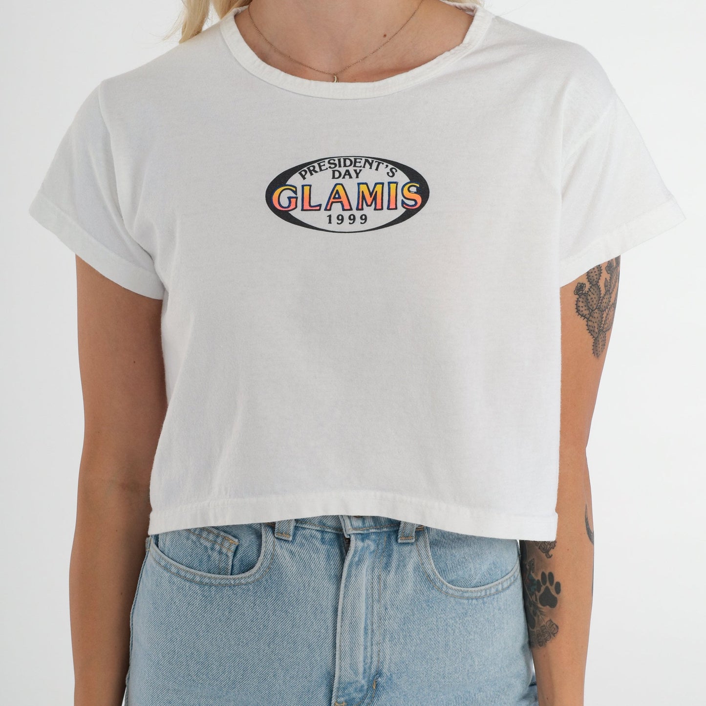 90s Glamis President's Day 1999 Crop Top White Graphic Tee Small S