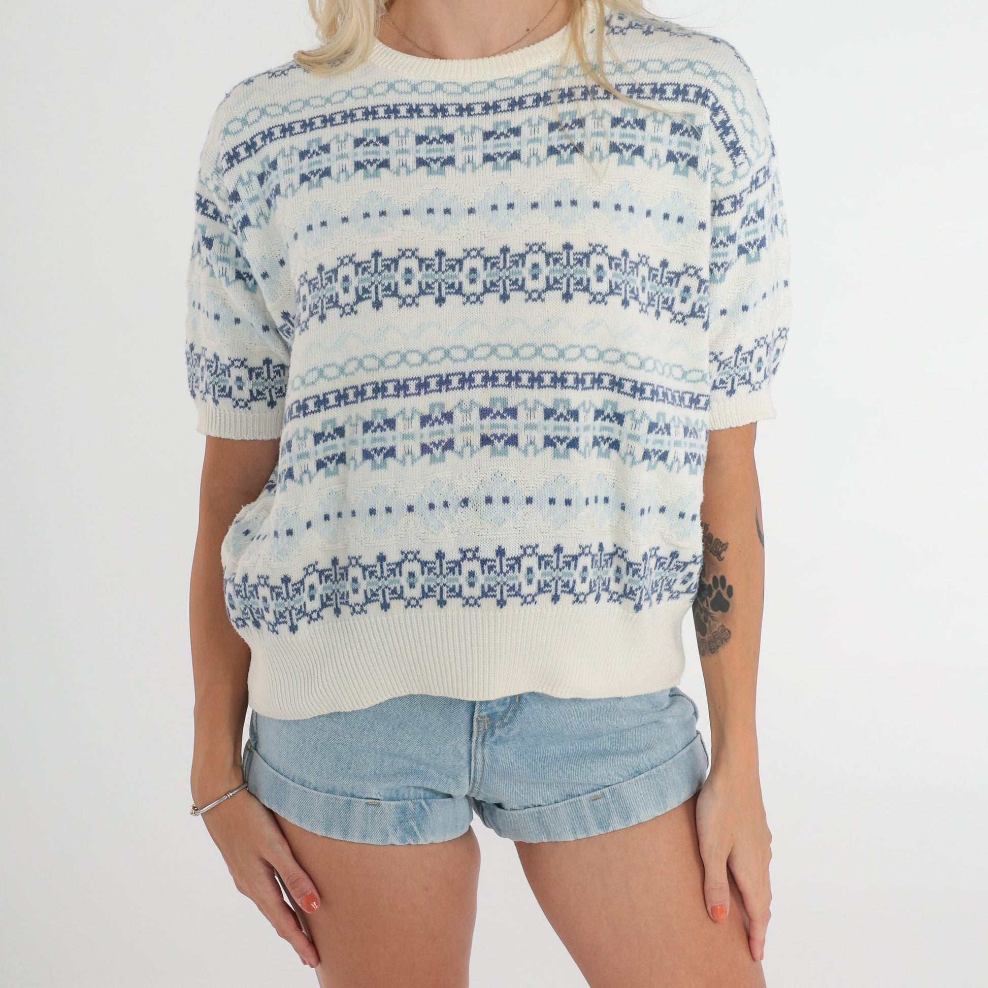 80s Gaeltarra Ireland Knit Top White Blue Striped Geometric Fair Isle Medium